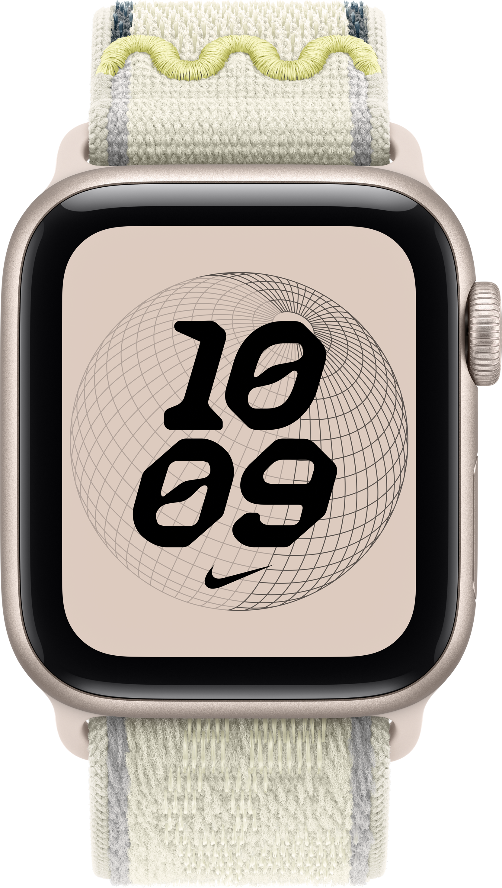 Apple Watch avec boîtier beige et bracelet en tissu clair. Le cadran affiche l'heure 10:09 et une grille.