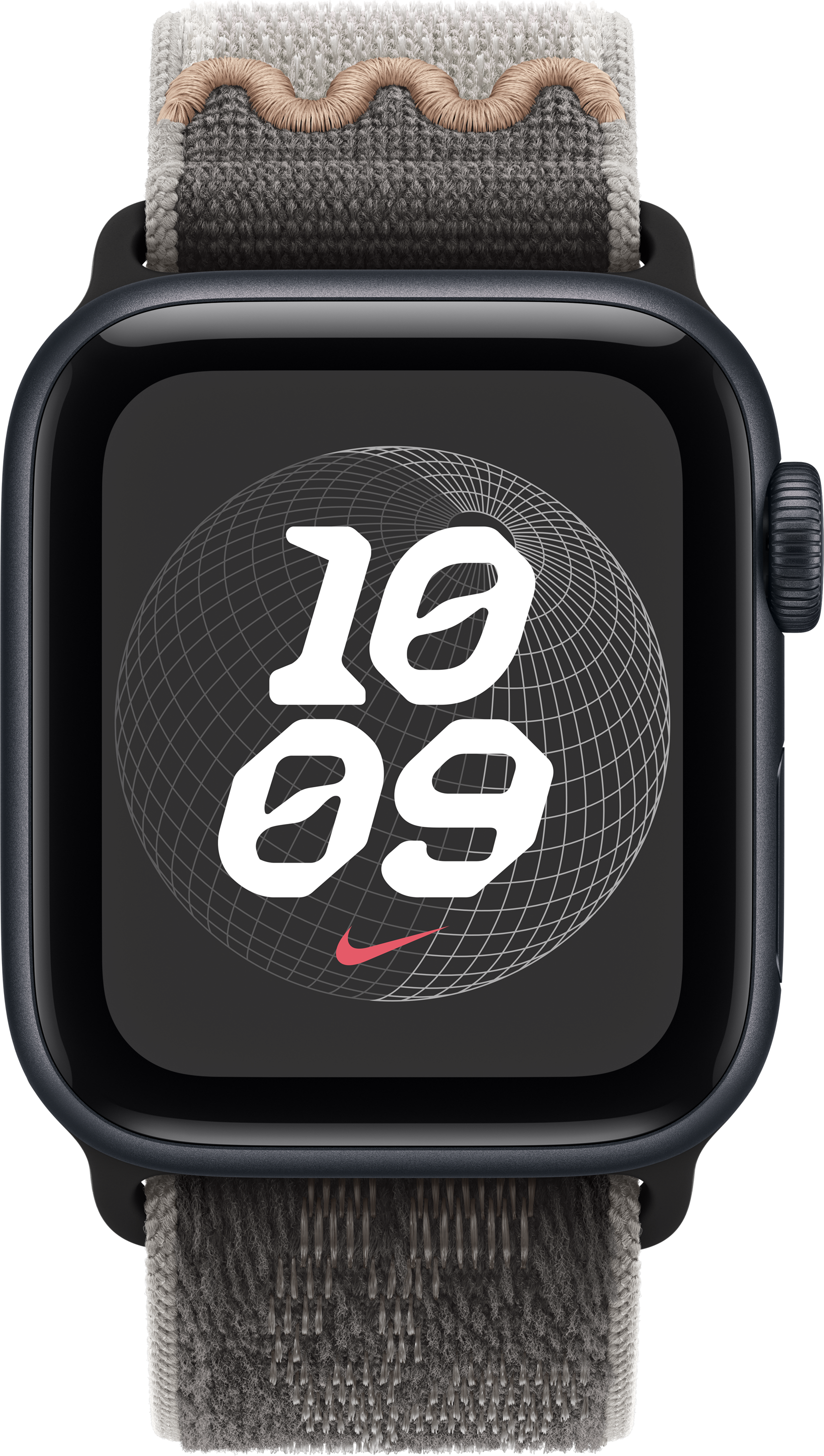Apple Watch noire avec bracelet de sport Nike gris, affichant l'heure 10:09 et un logo Nike sur le cadran.