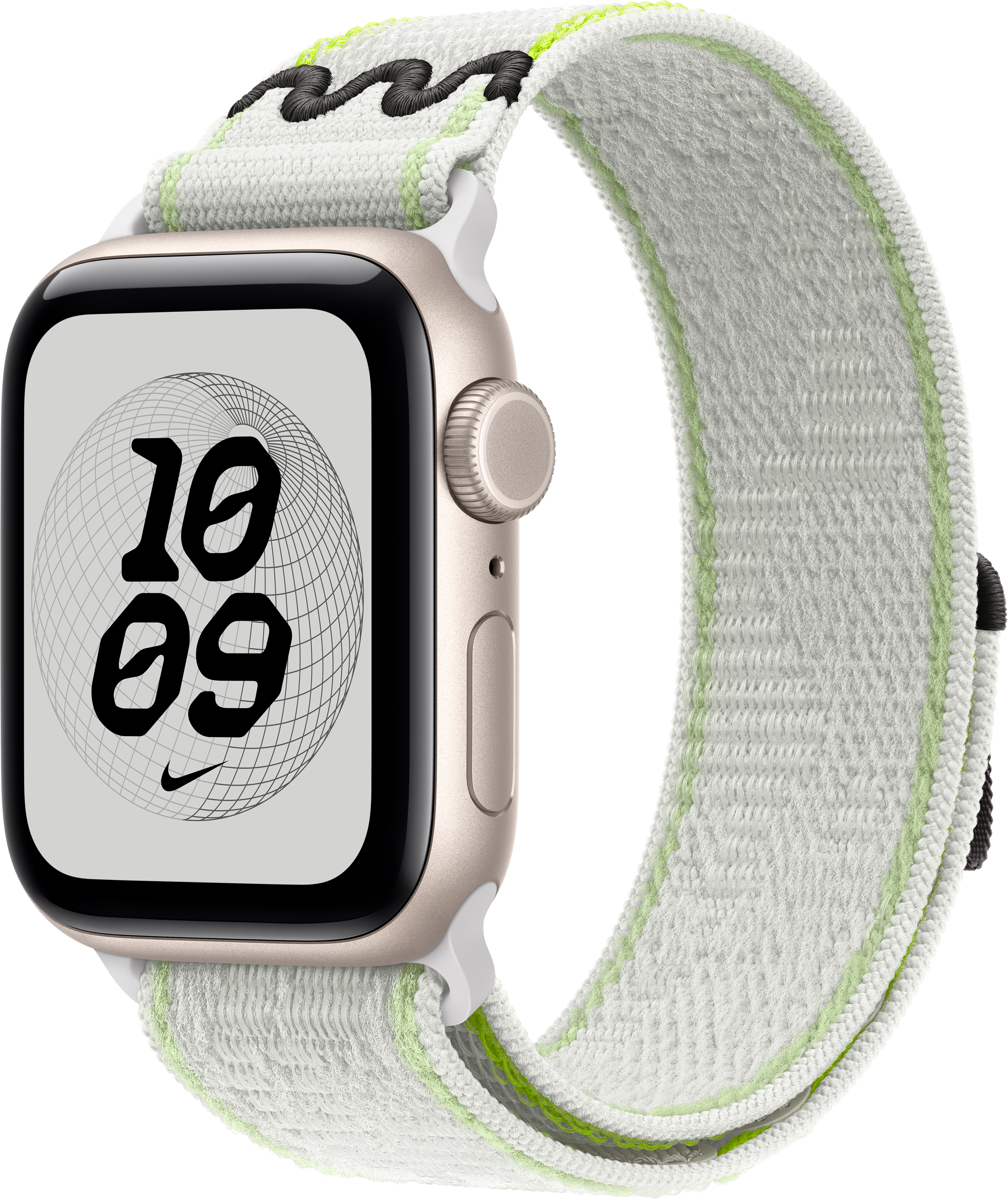 Eine Smartwatch mit roséfarbenem Gehäuse und weiß-grünem Stoffarmband zeigt auf dem Zifferblatt die Uhrzeit 10:09 Uhr.