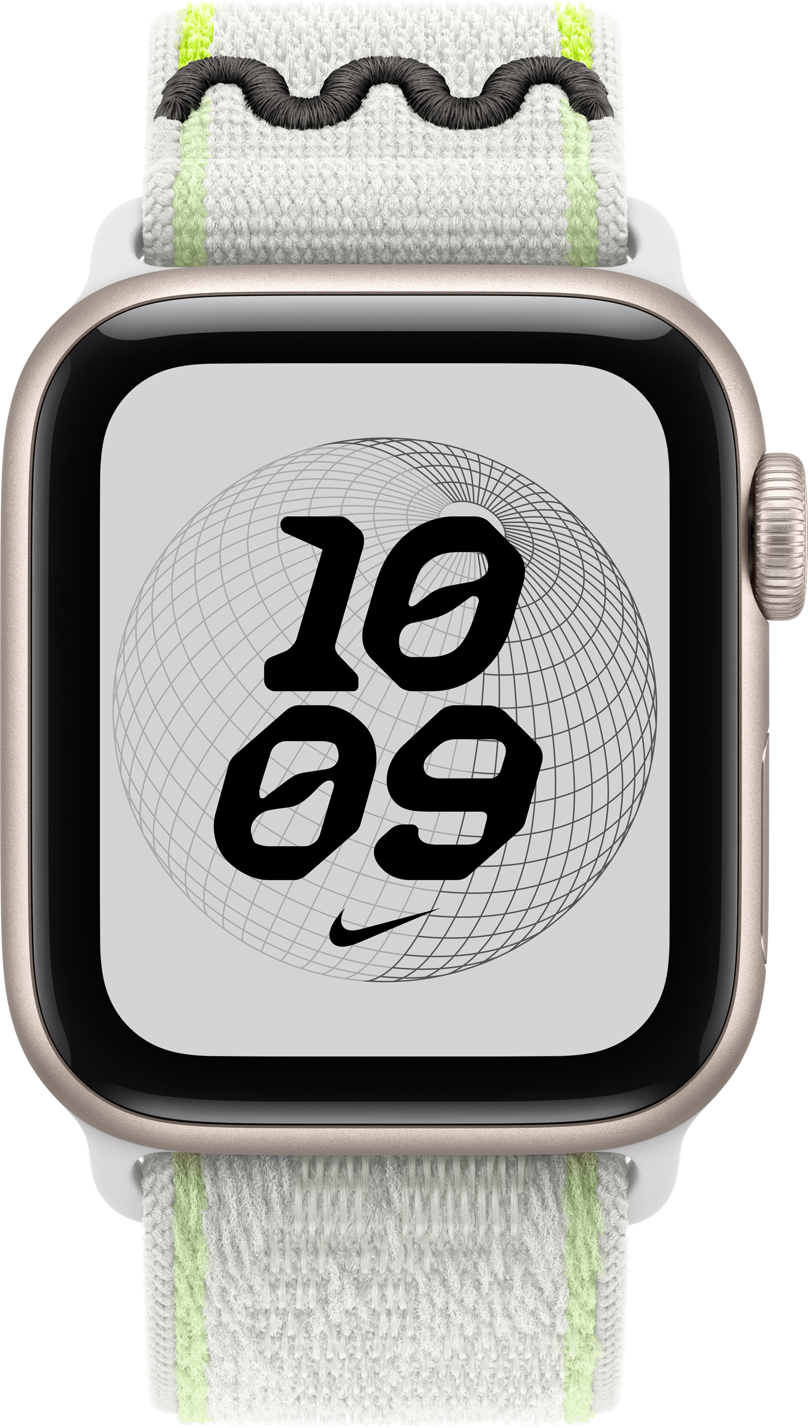 Eine Apple Watch mit weiß-grünem Stoffarmband und Nike-Zifferblatt zeigt 10:09 Uhr.
