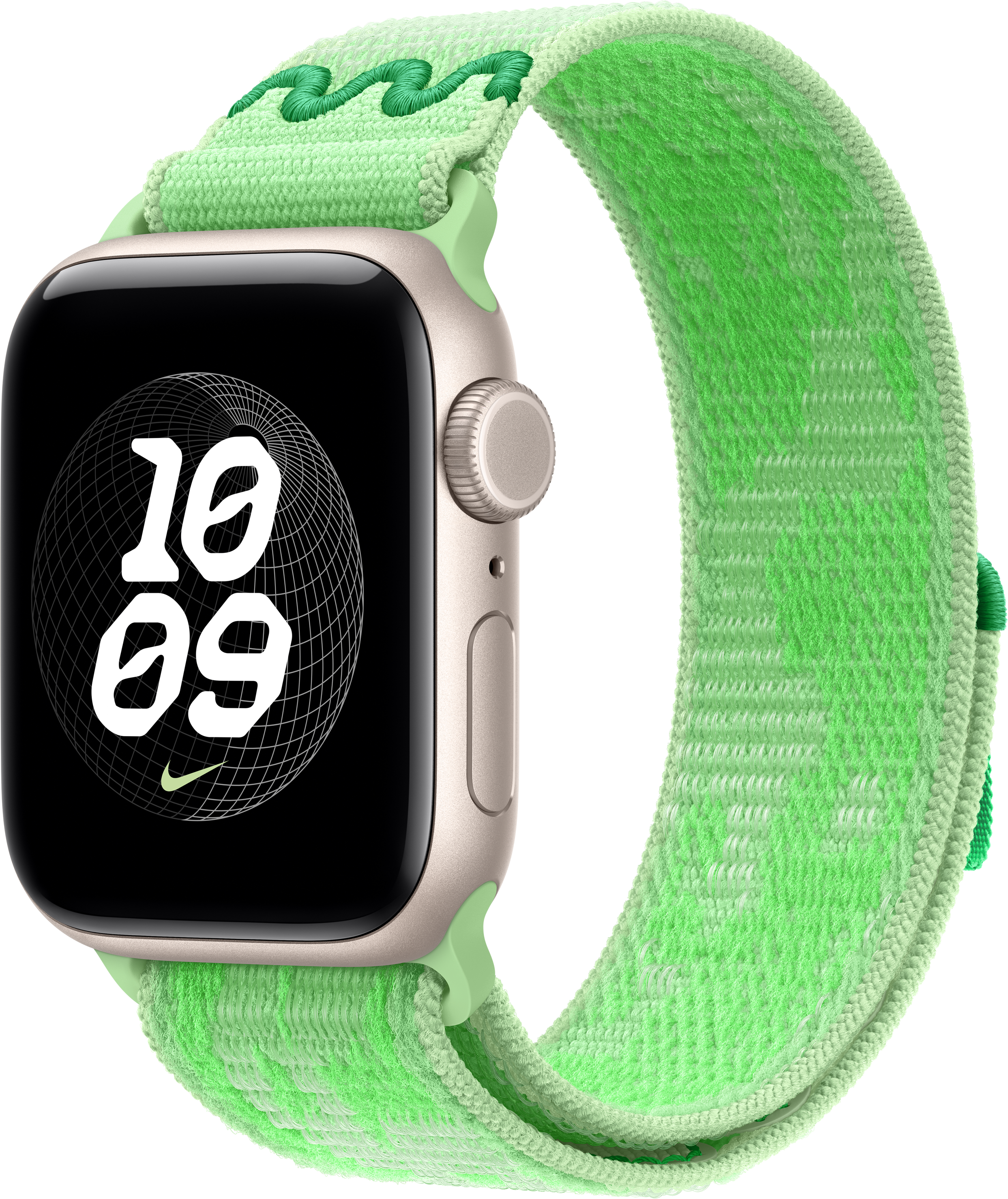 Eine Smartwatch mit silbernem Gehäuse und einem hellgrünen Stoffarmband zeigt auf dem Display die Uhrzeit 10:09.