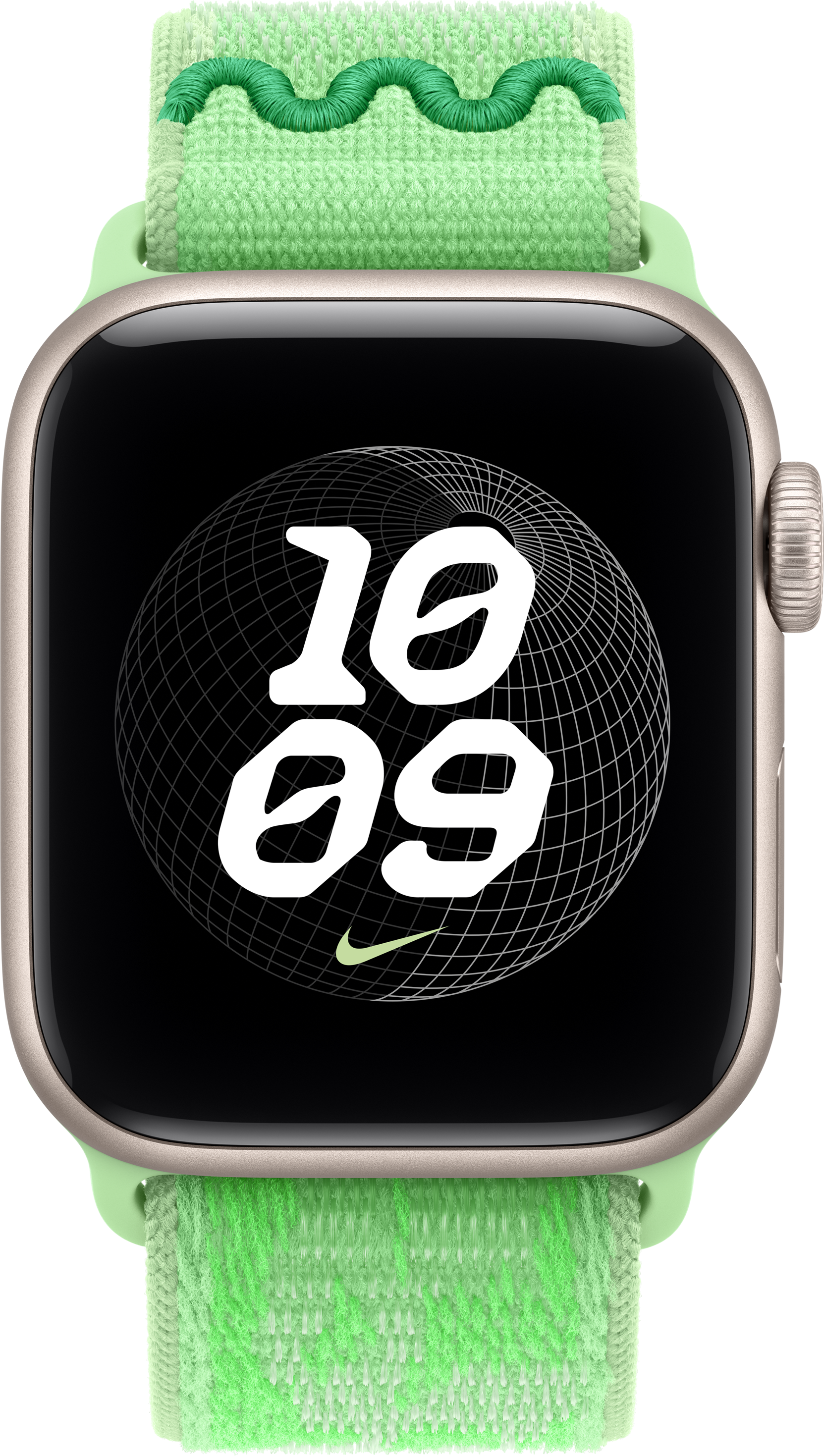 Eine Smartwatch mit hellem Grünarmband und digitalem Zifferblatt, das 10:09 und ein Globusmuster zeigt.