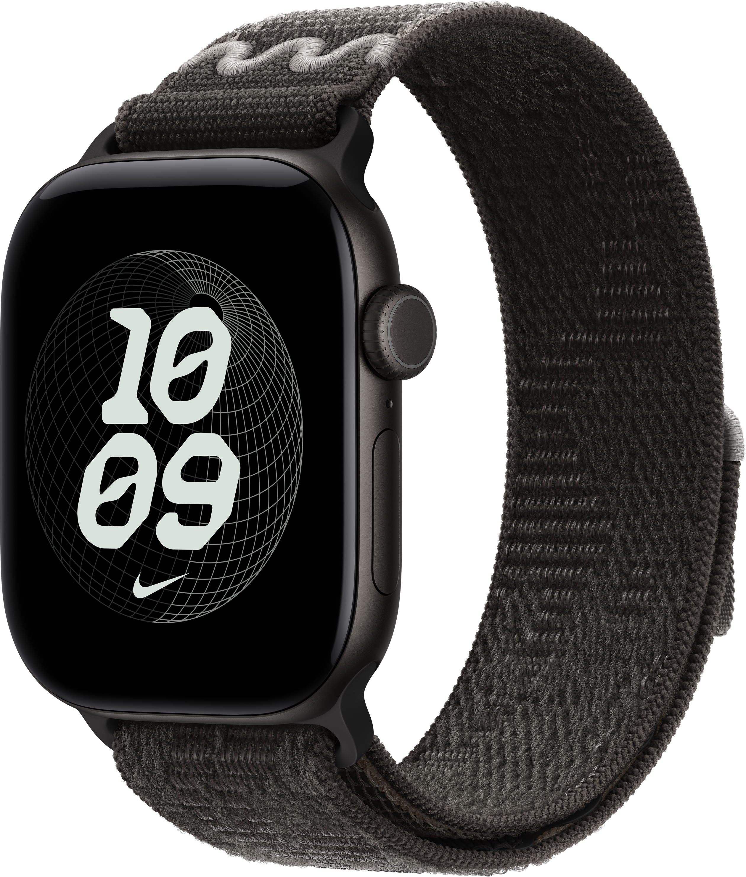Montre connectée noire avec bracelet en tissu gris foncé texturé affichant 10:09 et le logo Nike sur l'écran.