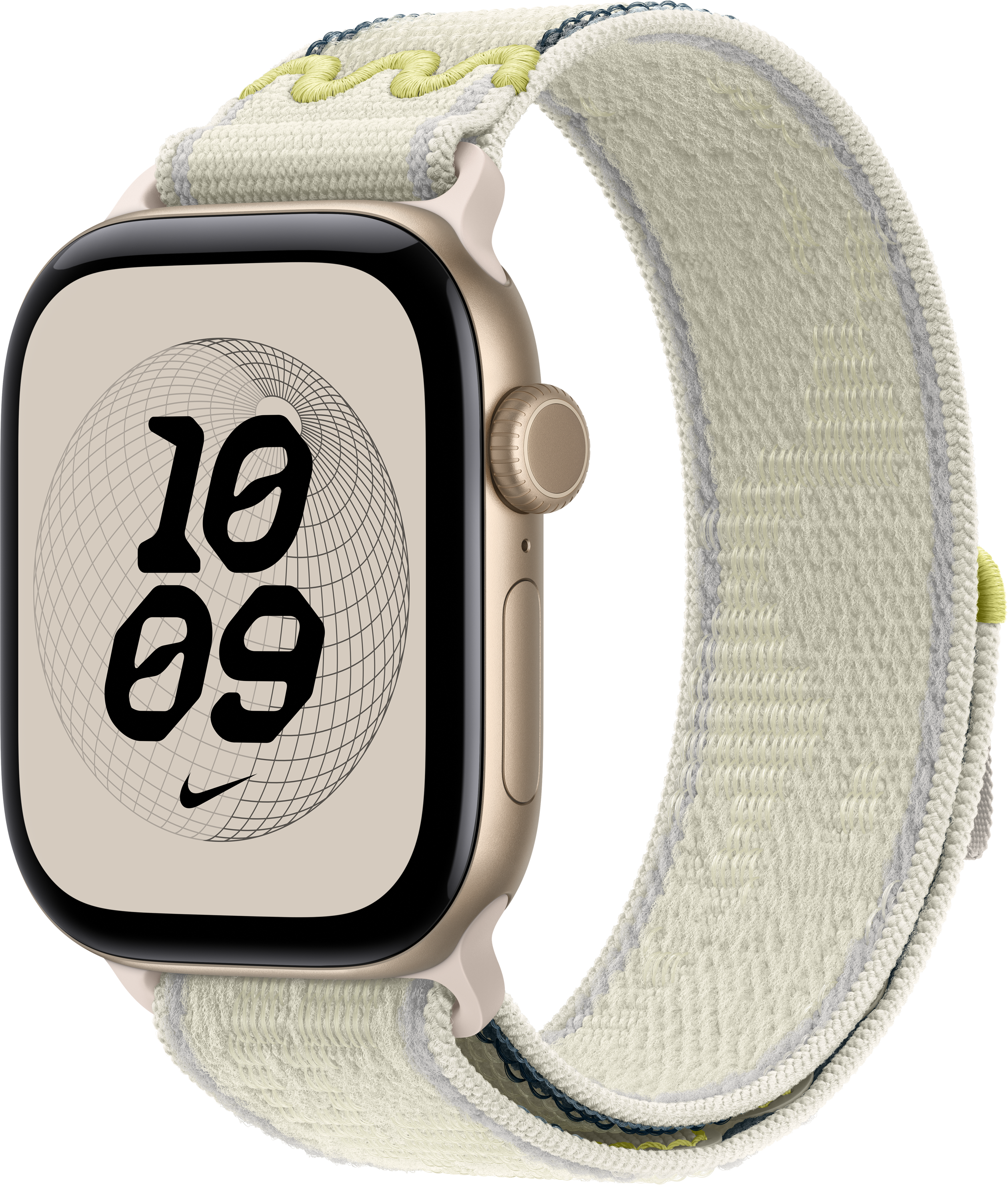 Smartwatch dorato con cinturino in tessuto beige e quadrante digitale su sfondo nero.