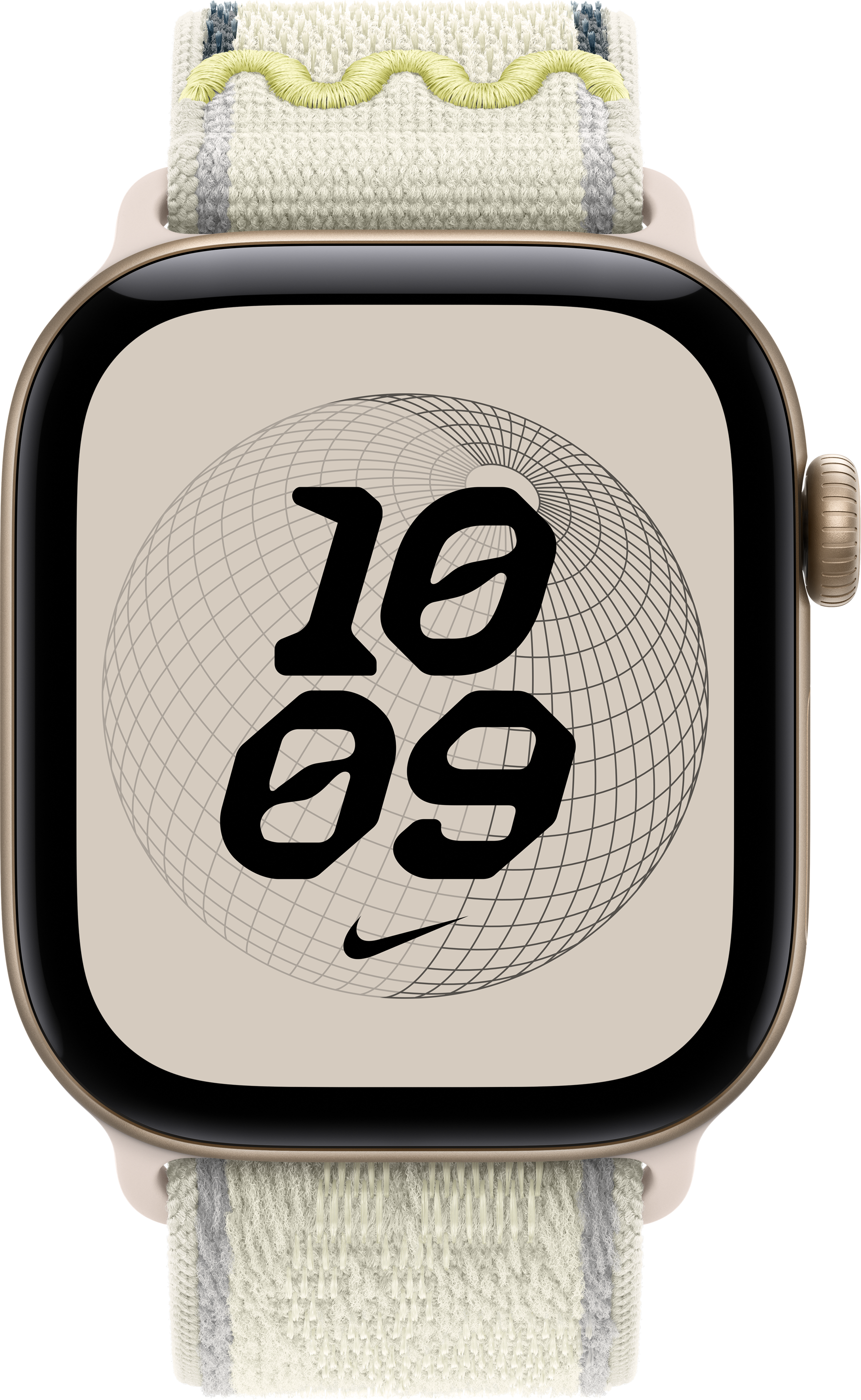Smartwatch dorato con quadrante Nike e cinturino in tessuto crema.