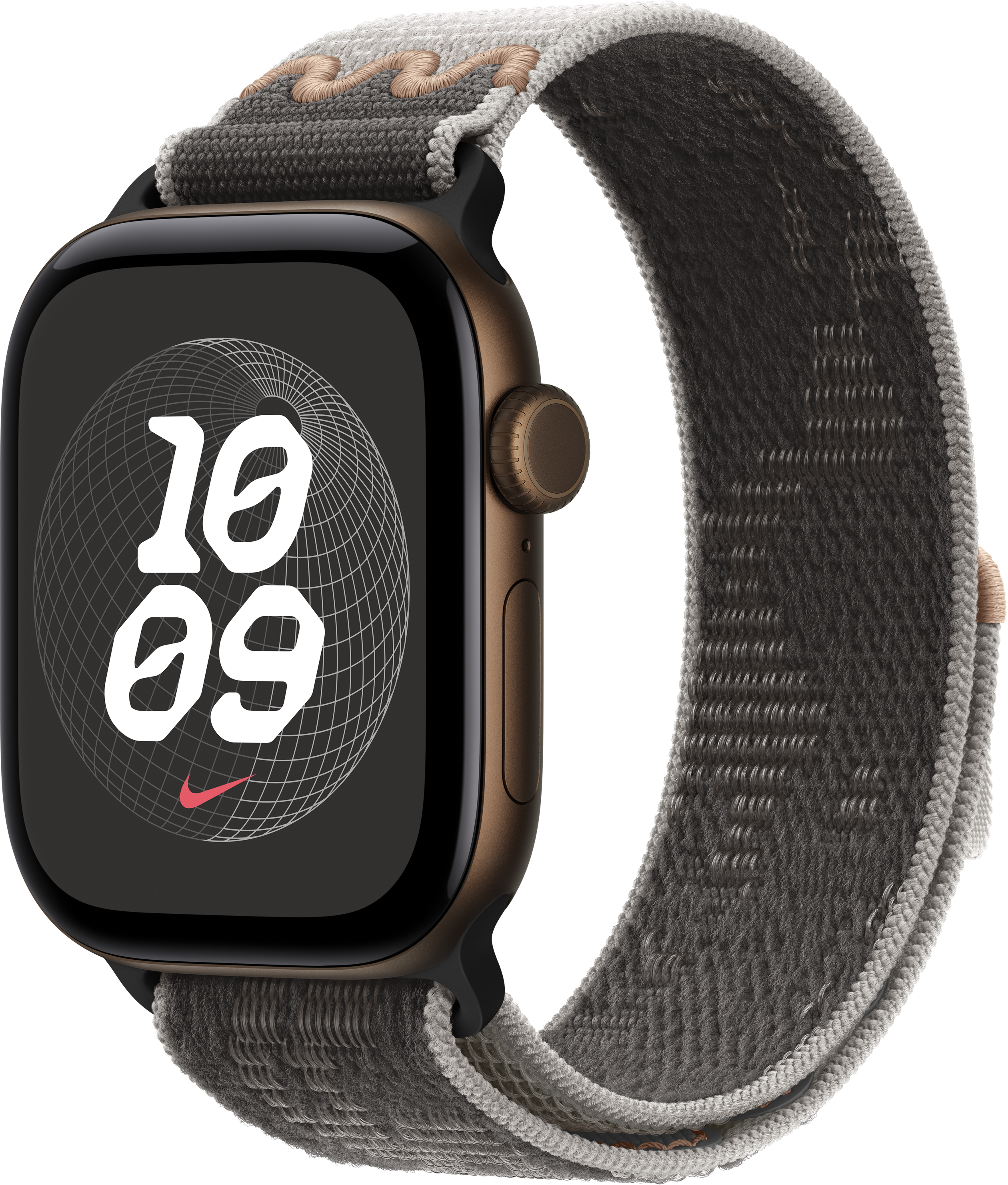 Apple Watch mit braunem Gehäuse und grauem Textilarmband auf schwarzem Hintergrund.