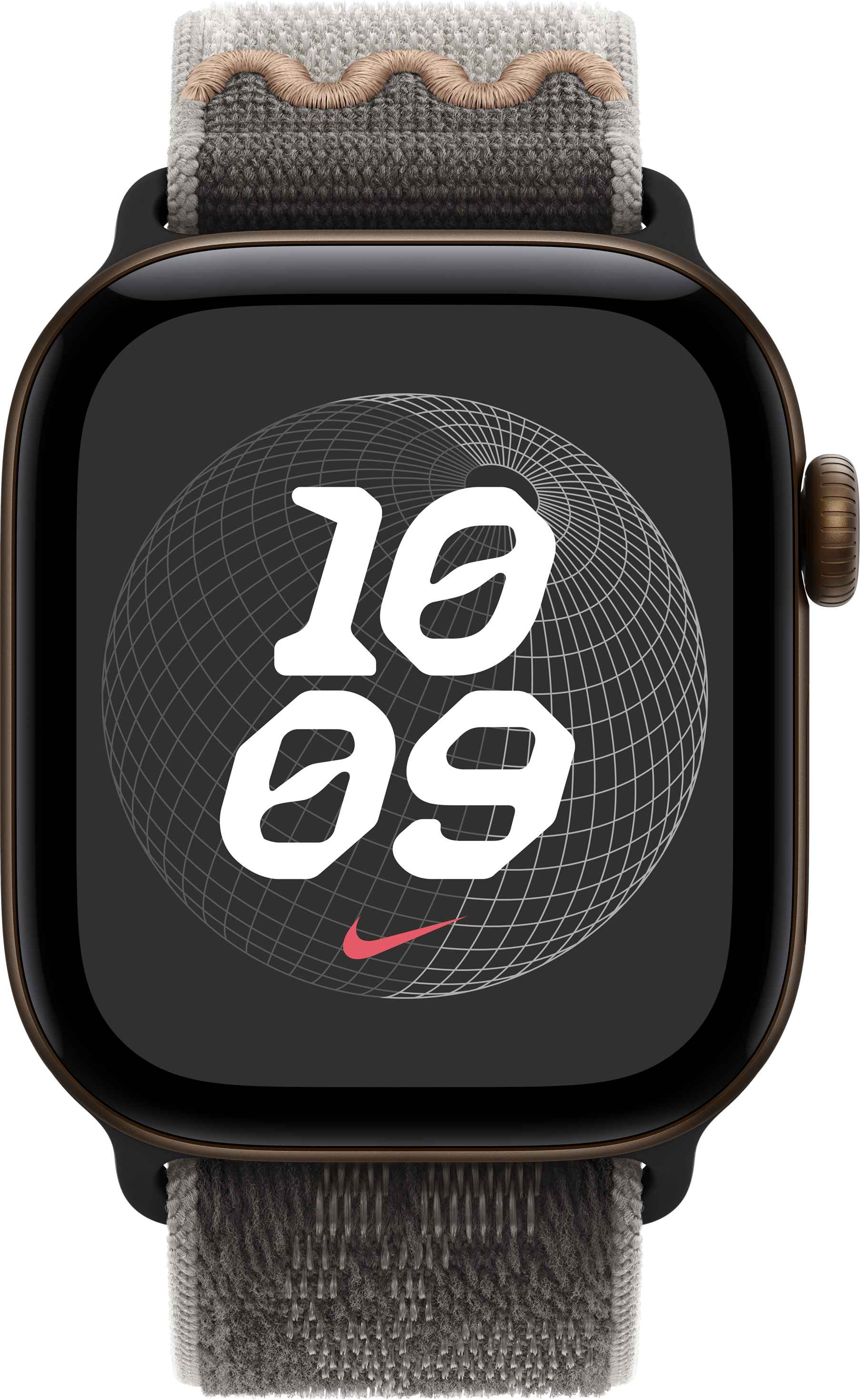 Eine Smartwatch mit grauem Stoffarmband zeigt die Zeit 10:09 und ein Globus-Zifferblatt.