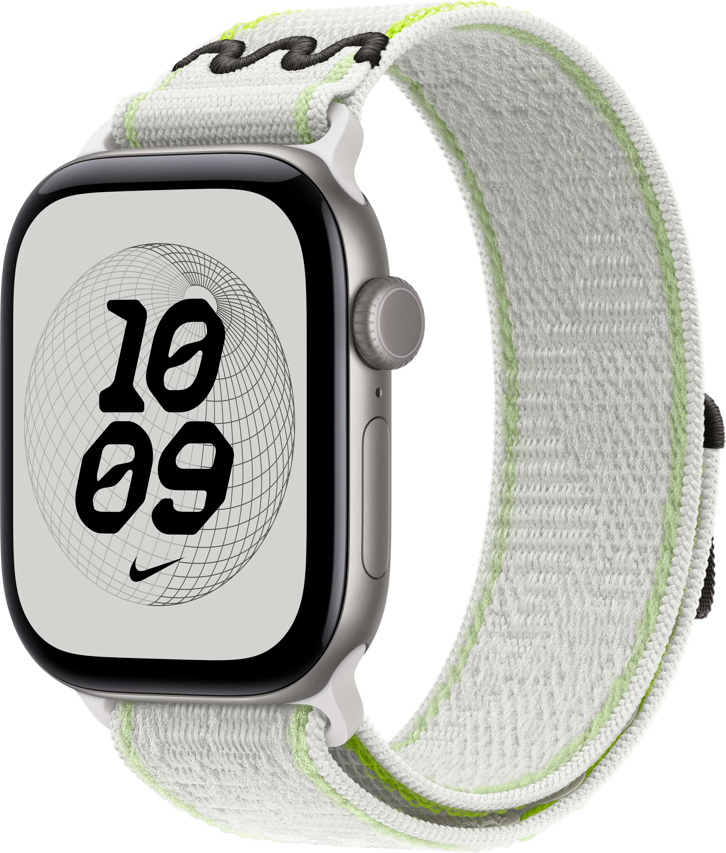 Une Apple Watch avec un bracelet sport blanc et vert et un cadran Nike sur fond noir.