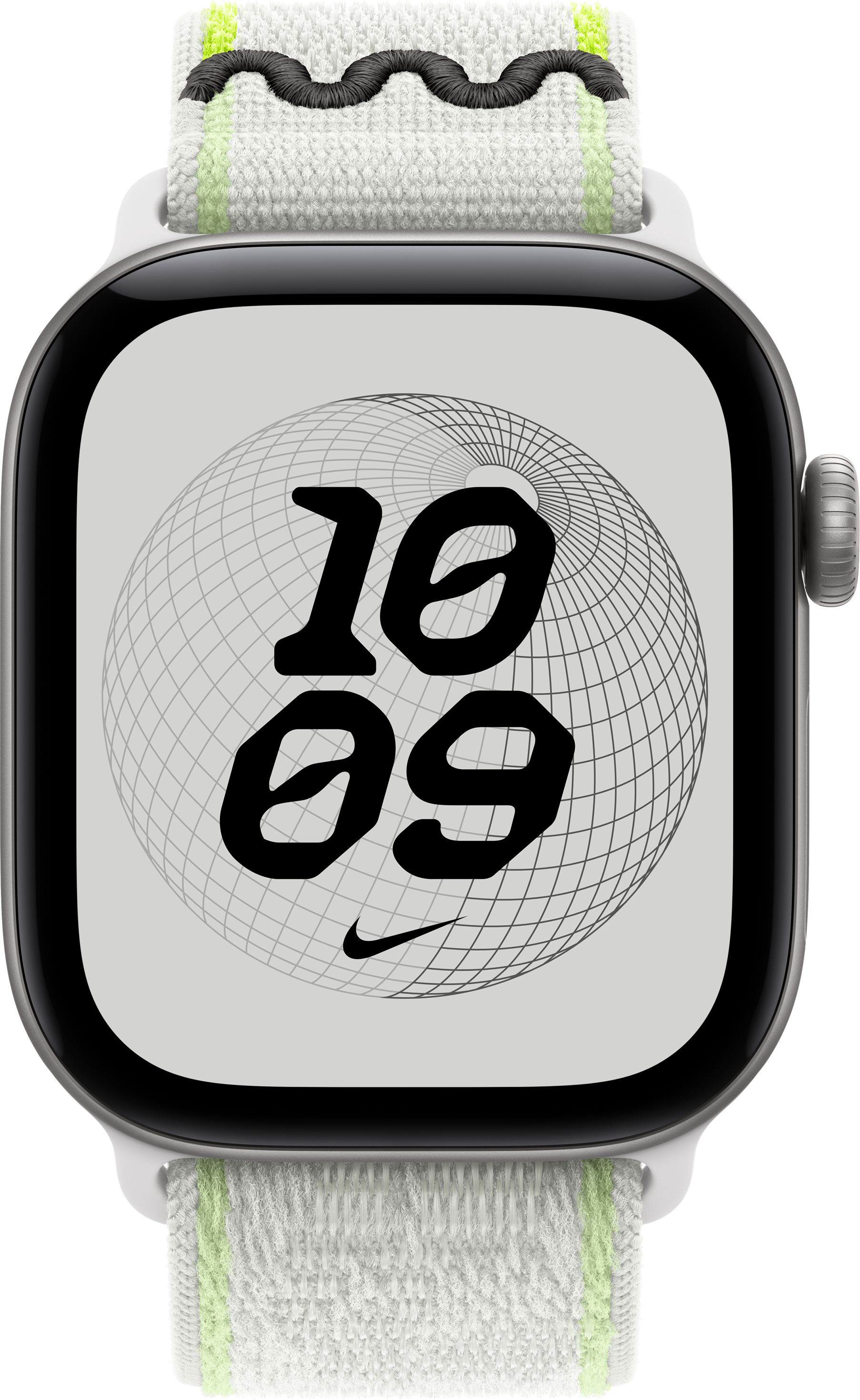 Une Apple Watch avec un bracelet en tissu blanc et vert et un cadran Nike affichant 10:09.