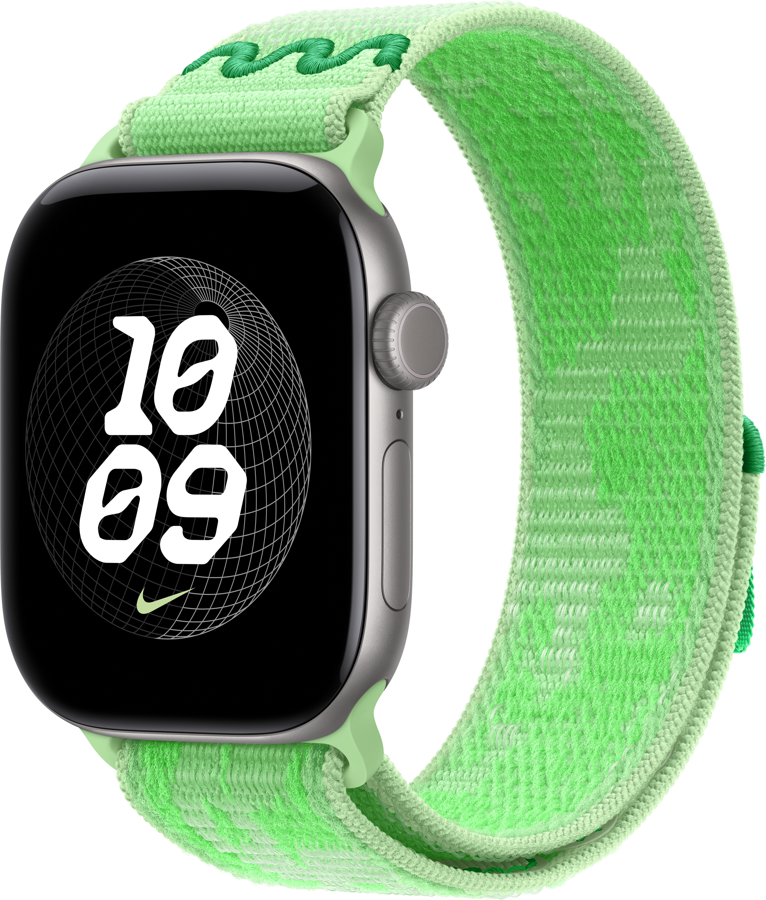 Un Apple Watch con cassa argentata, cinturino in tessuto verde e quadrante che mostra le 10:09 su sfondo nero.