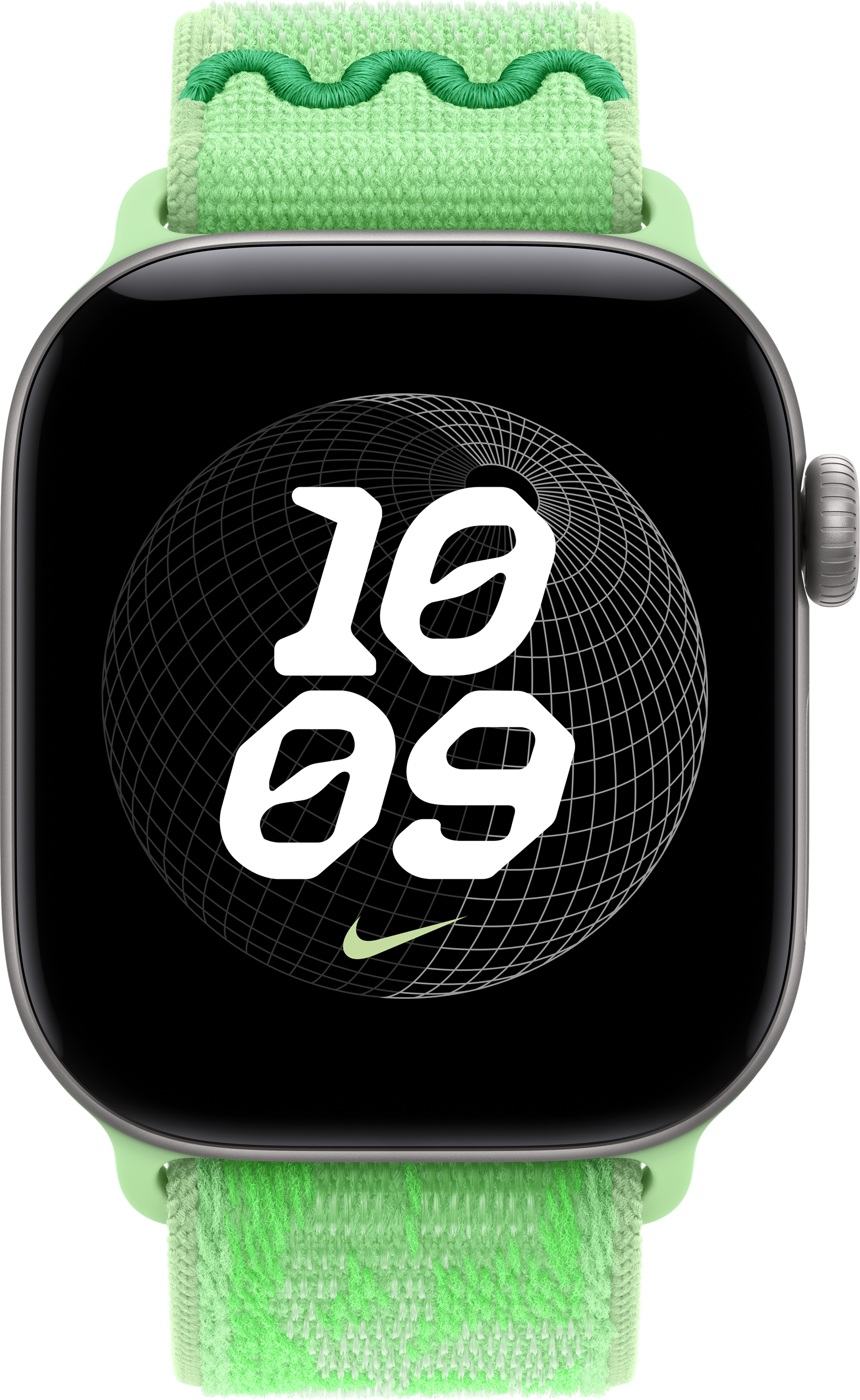 Smartwatch con cinturino in tessuto verde e schermo nero che mostra le 10:09 e un motivo a globo.