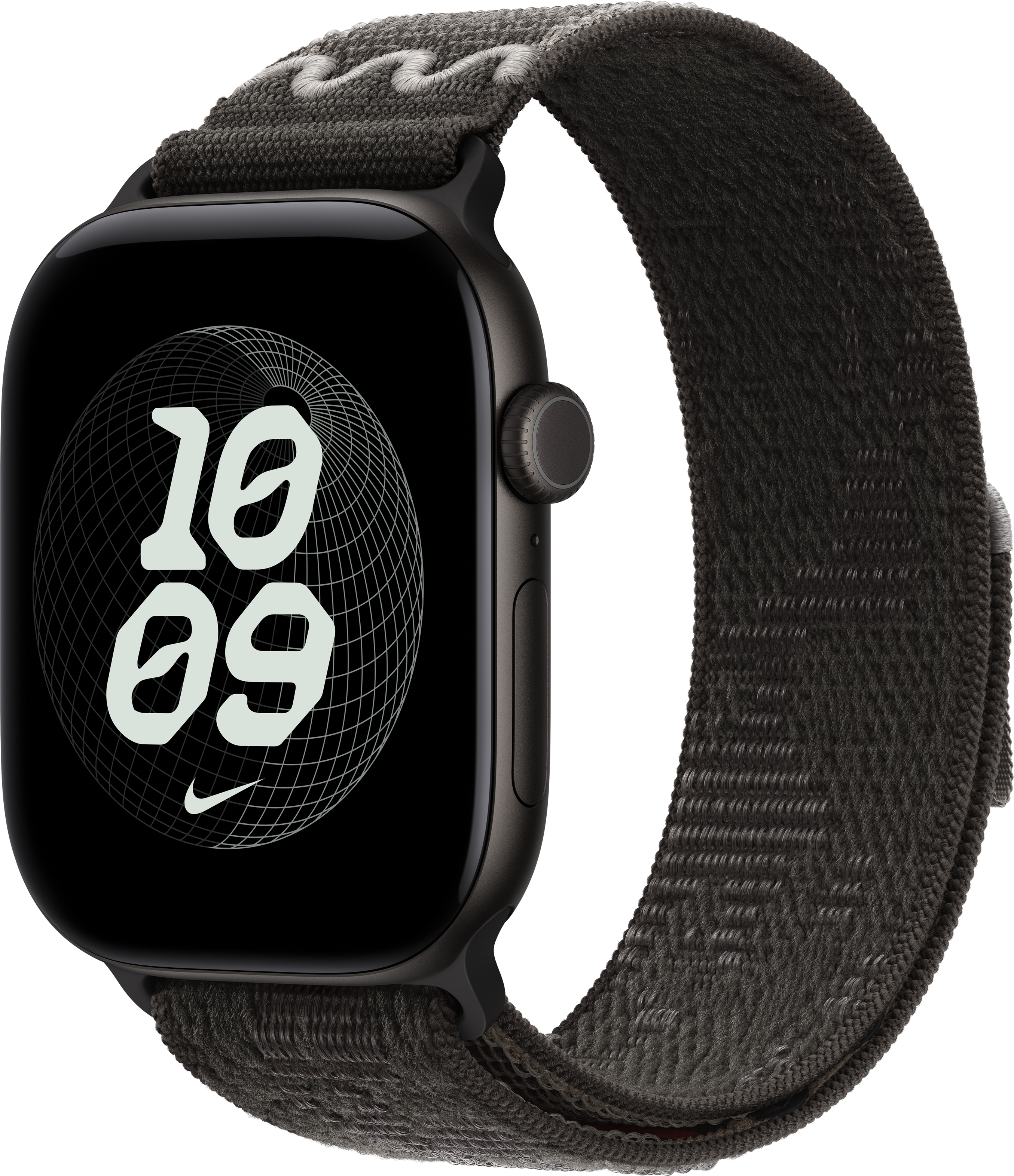 Une montre connectée noire avec un bracelet texturé affiche 10:09 et un logo Nike.