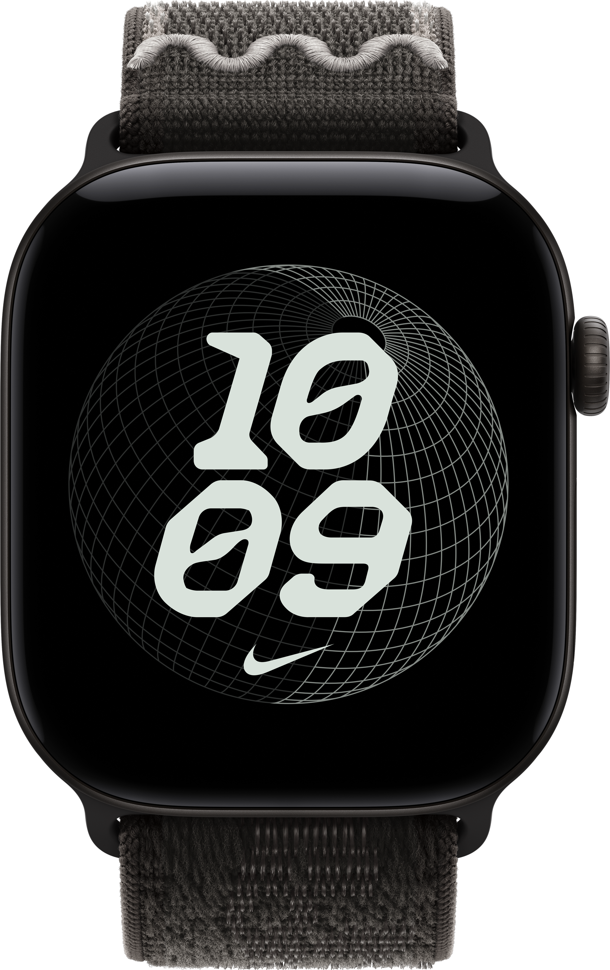 Montre connectée noire avec bracelet en tissu gris et cadran numérique affichant un motif de globe et l'heure 10:09.
