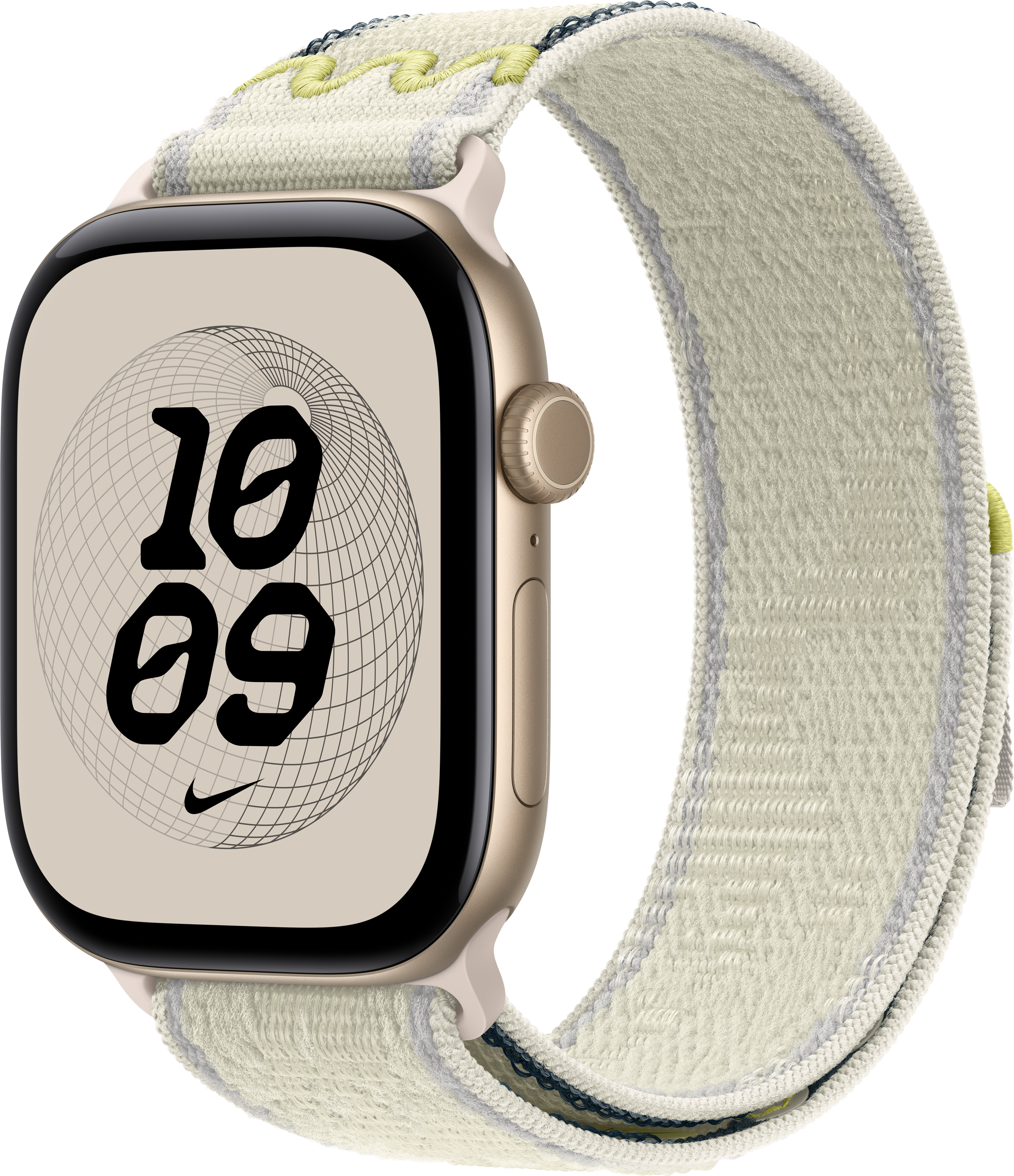 Montre connectée dorée avec bracelet en tissu clair sur fond noir.