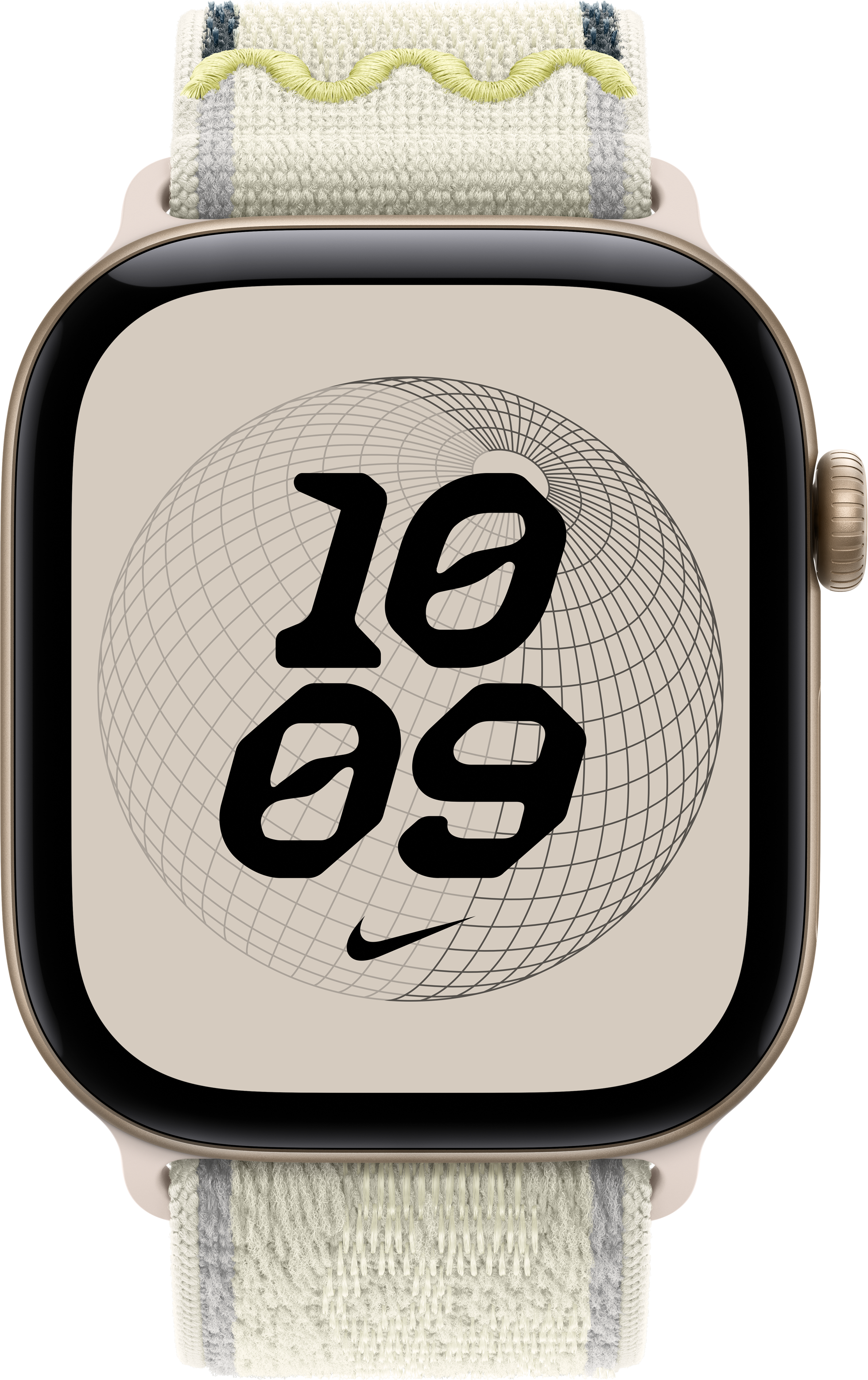 Une montre connectée avec un boîtier beige, un bracelet rayé et un cadran numérique affichant 10:09 et un logo Nike.