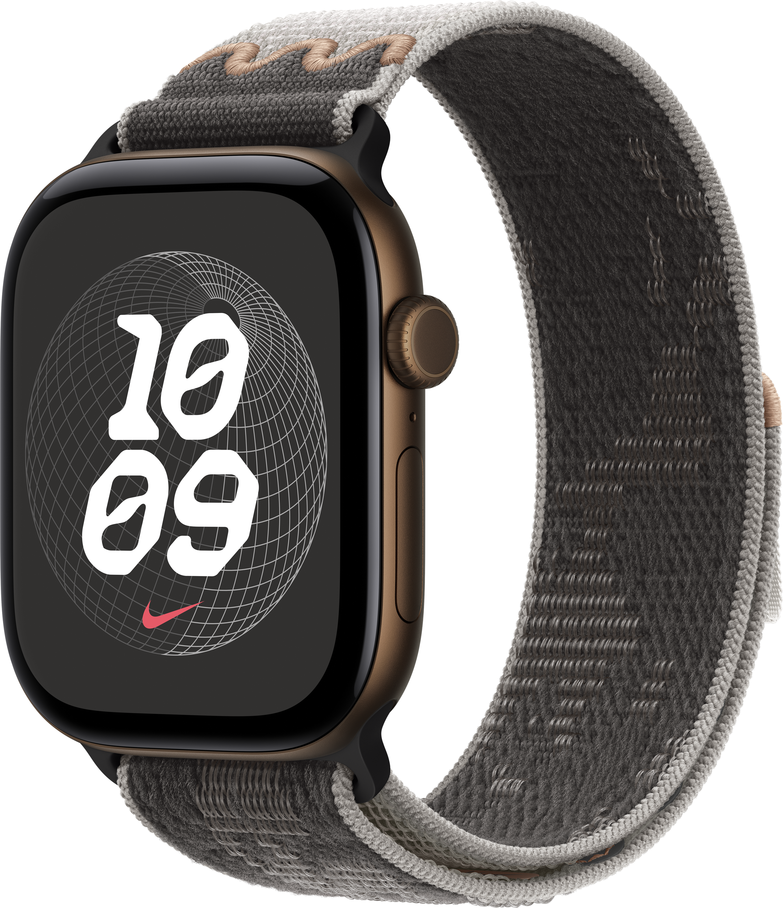 Eine Smartwatch mit bronzefarbenem Gehäuse und grauem Textilarmband zeigt auf dem Display die Uhrzeit 10:09.