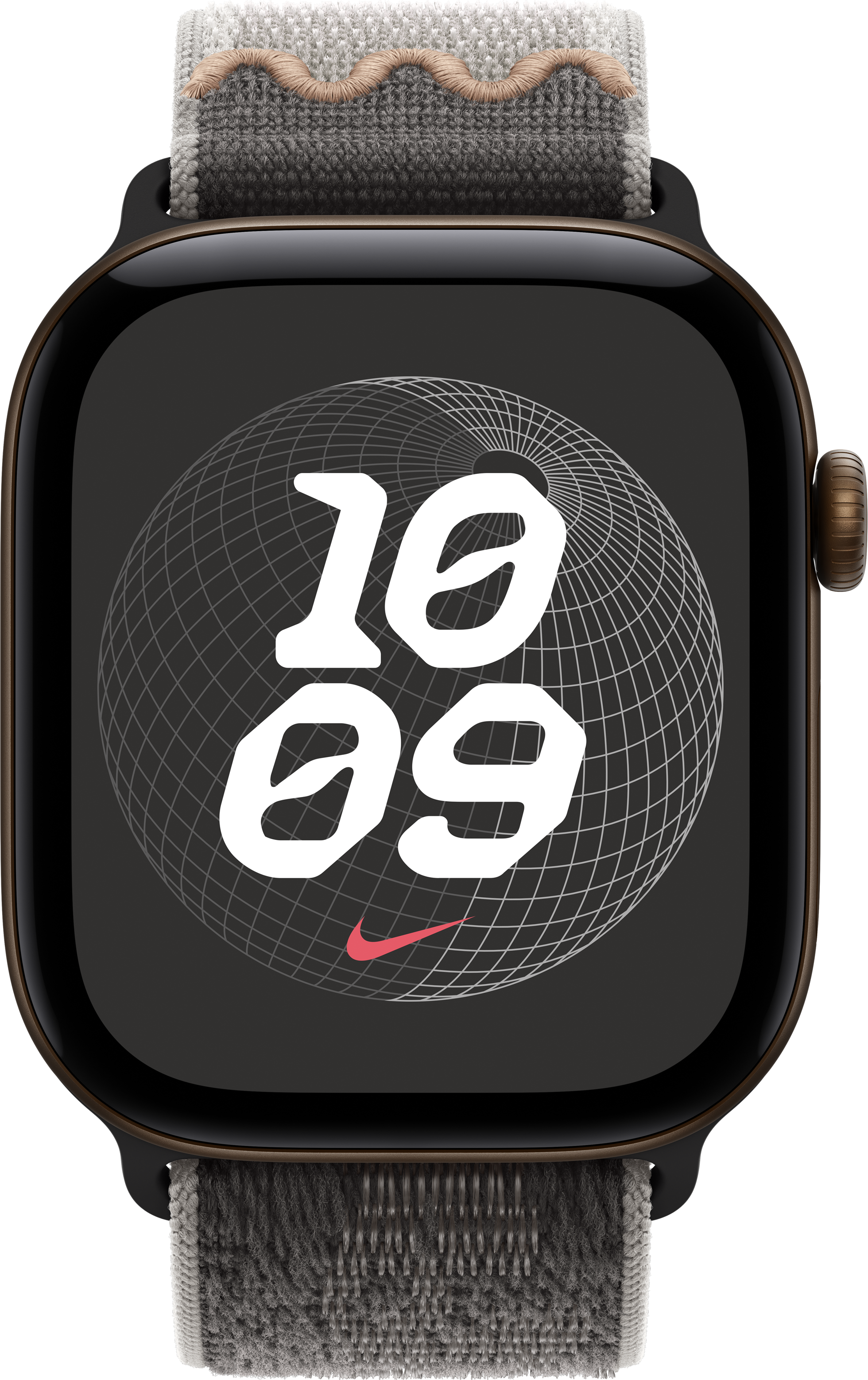 Eine Smartwatch mit grauem Textilarmband zeigt das Datum und eine Weltkugel auf dem Display.