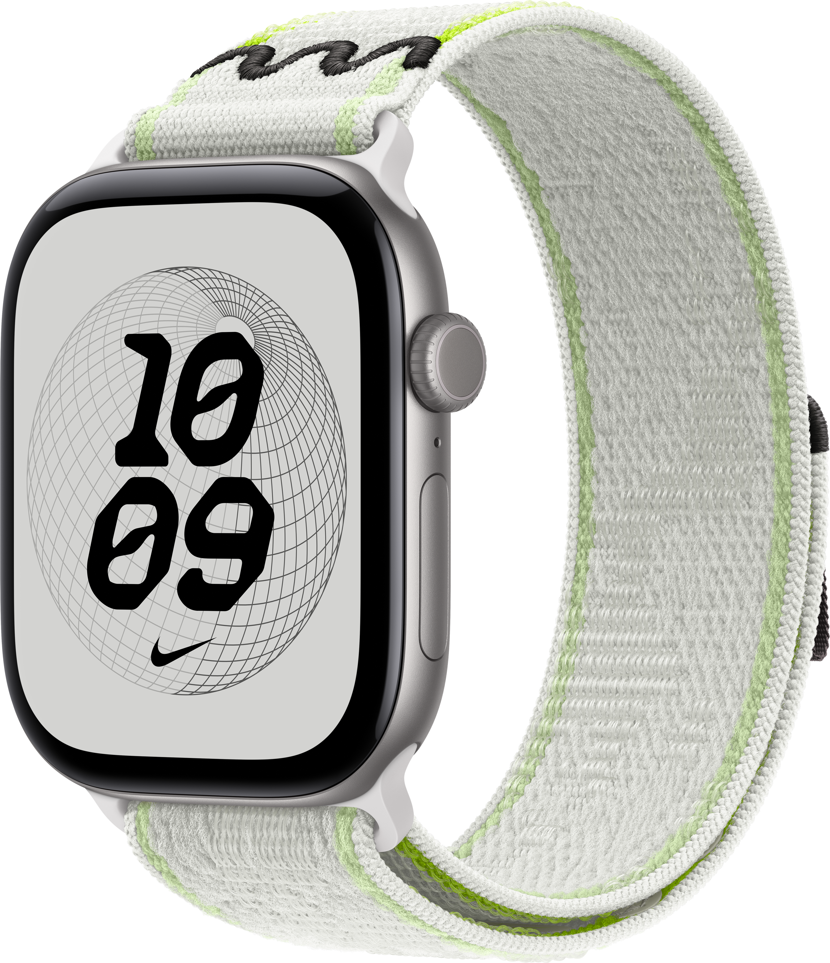 Une Apple Watch avec un bracelet en tissu blanc et vert, affichant 10:09 sur fond noir.