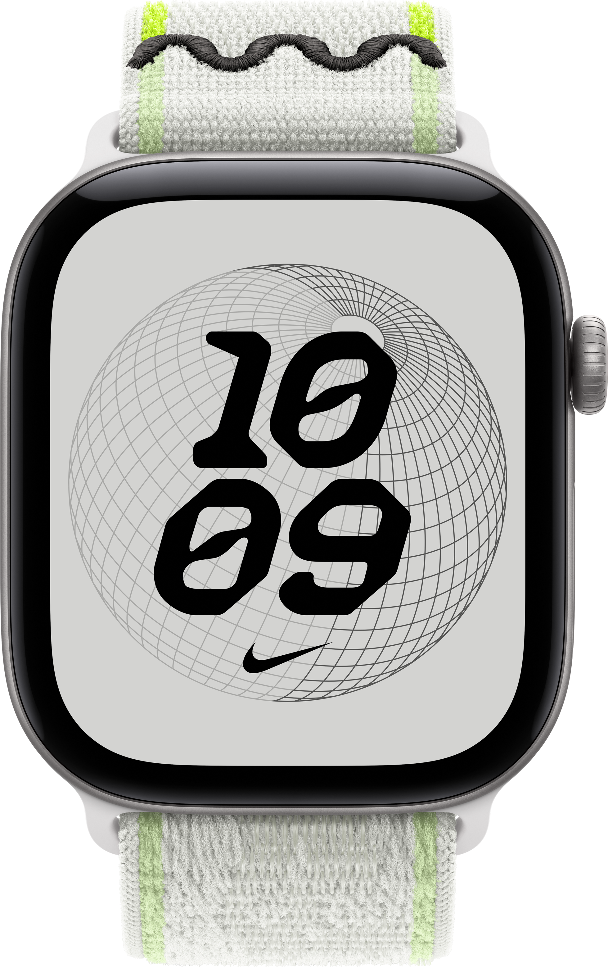 Montre connectée avec boîtier gris, bracelet en tissu blanc et vert, et cadran à grands chiffres.