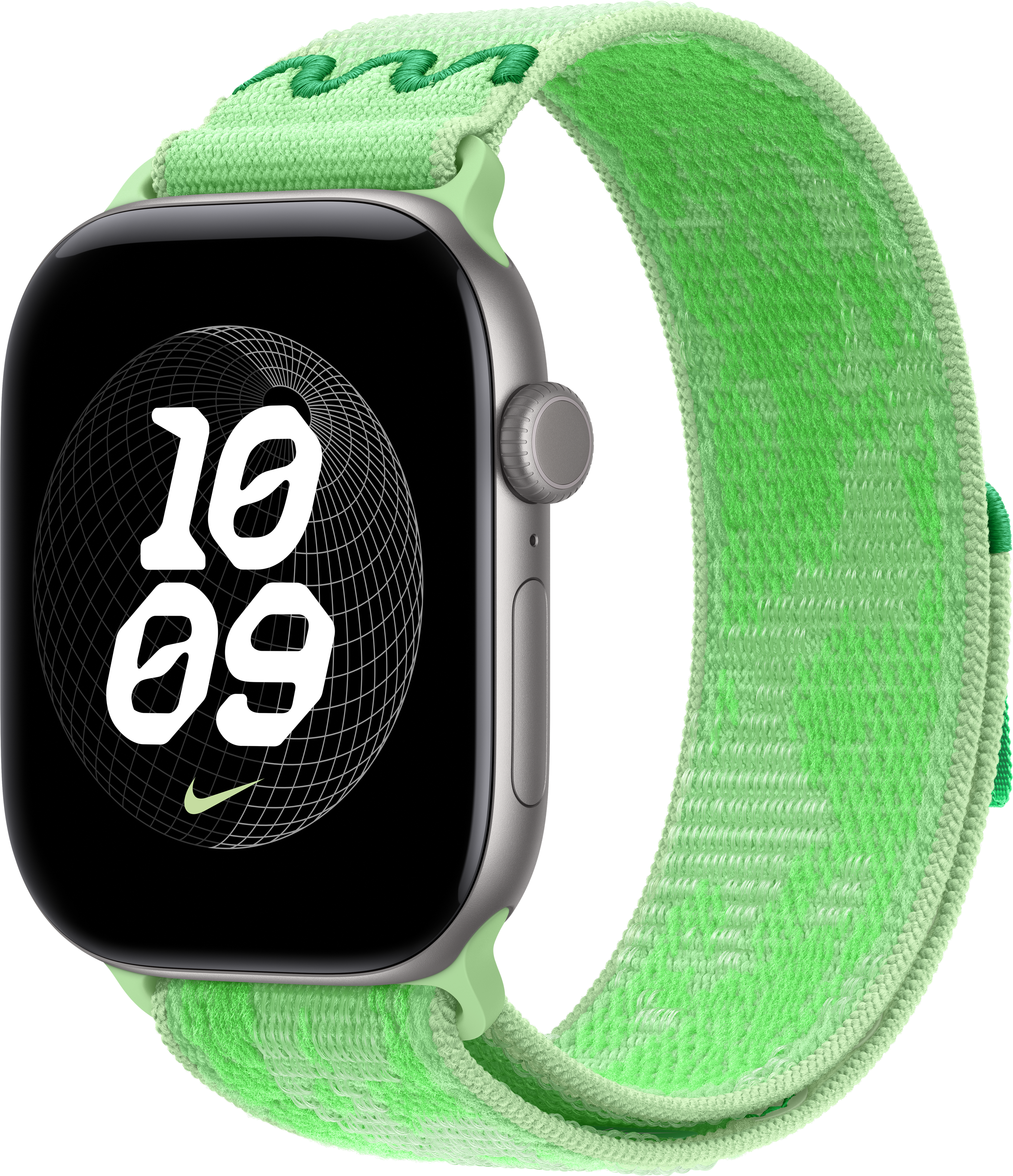 Smartwatch argentato con cinturino in nylon verde e display nero che mostra le 10:09 su sfondo nero.