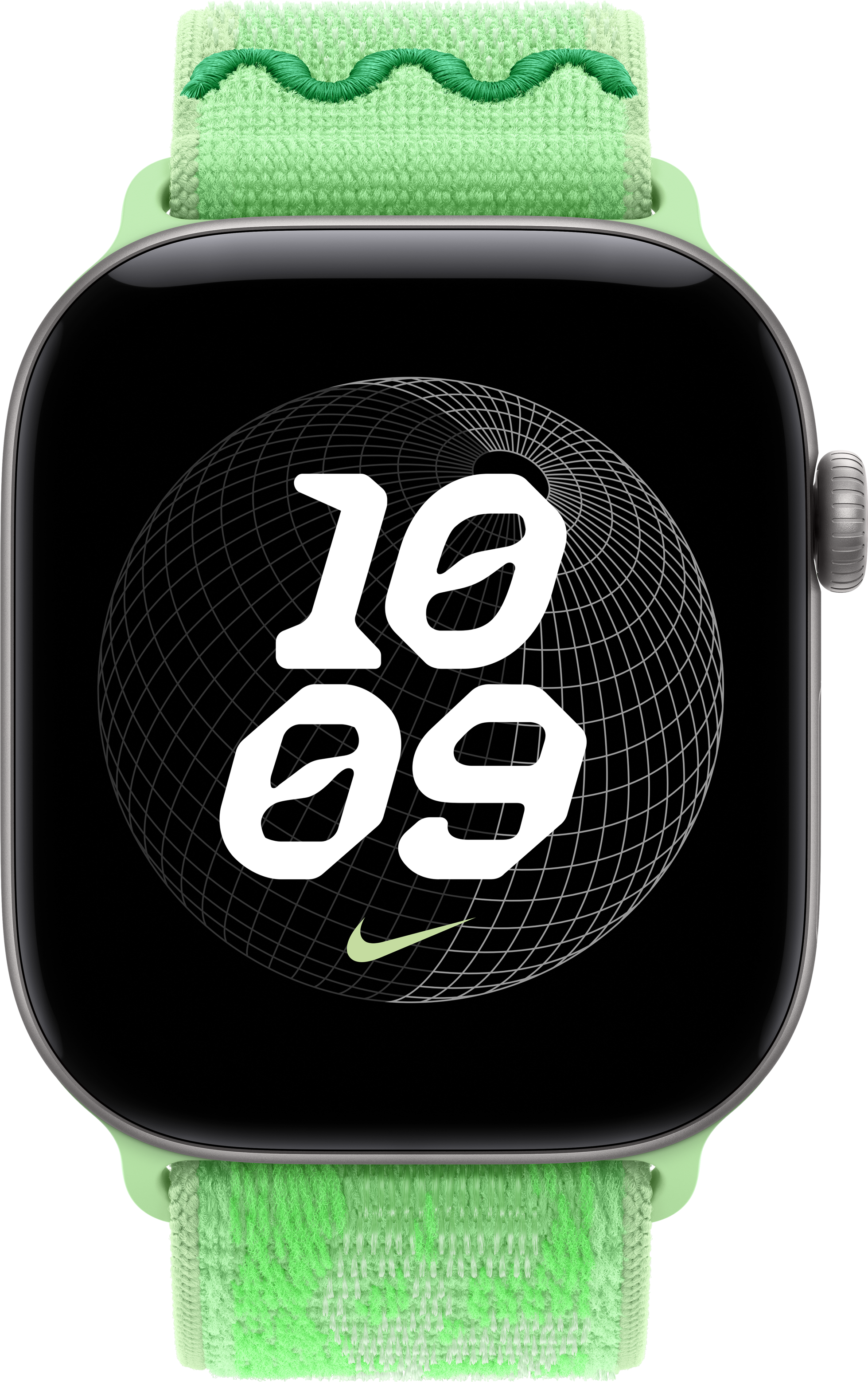 Smartwatch con cinturino in tessuto verde mostra le 10:09 su un mappamondo reticolare nero.