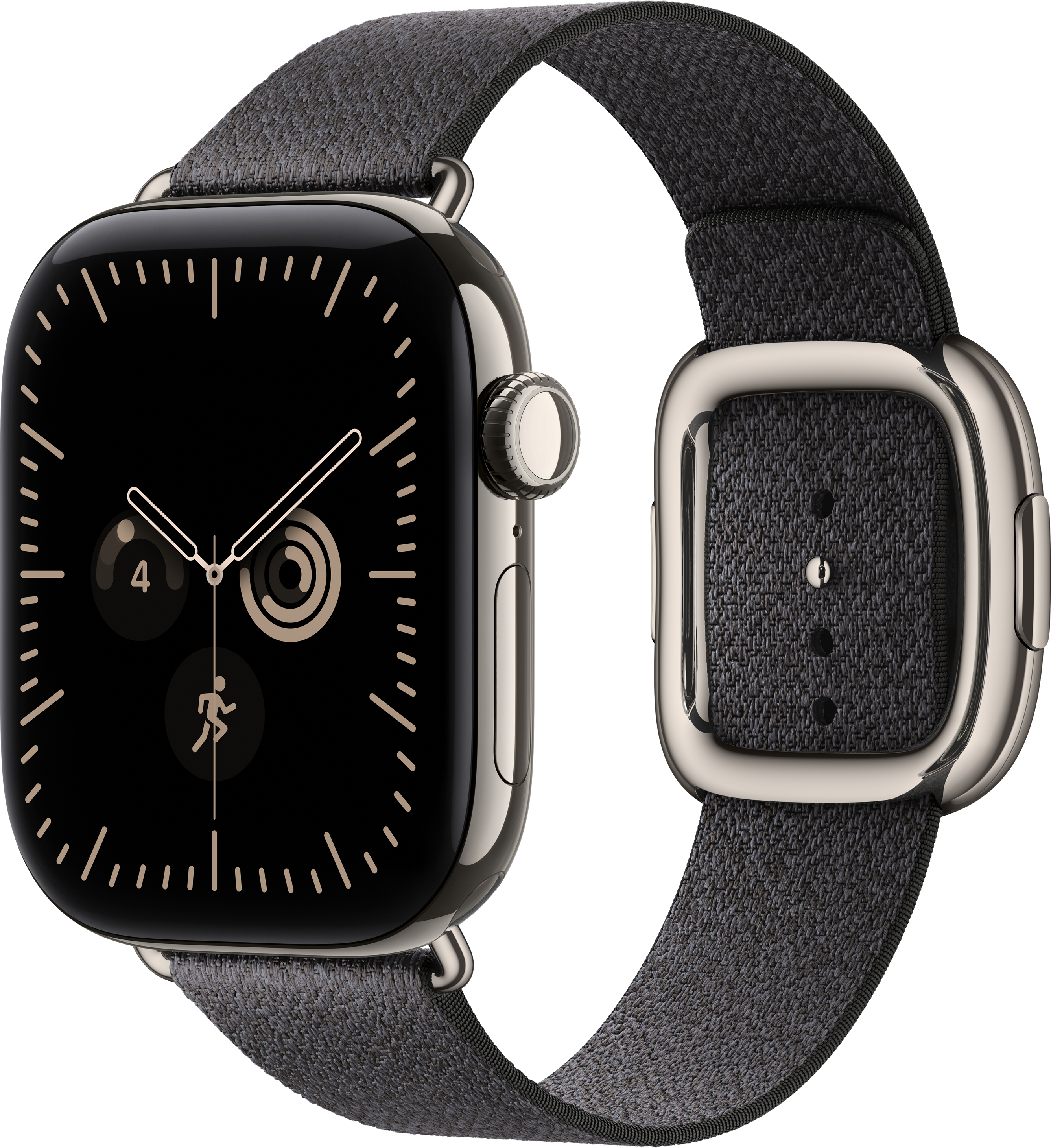 Eine edle Smartwatch mit schwarzem Zifferblatt, silbernem Gehäuse und dunklem Stoffarmband auf schwarzem Hintergrund.
