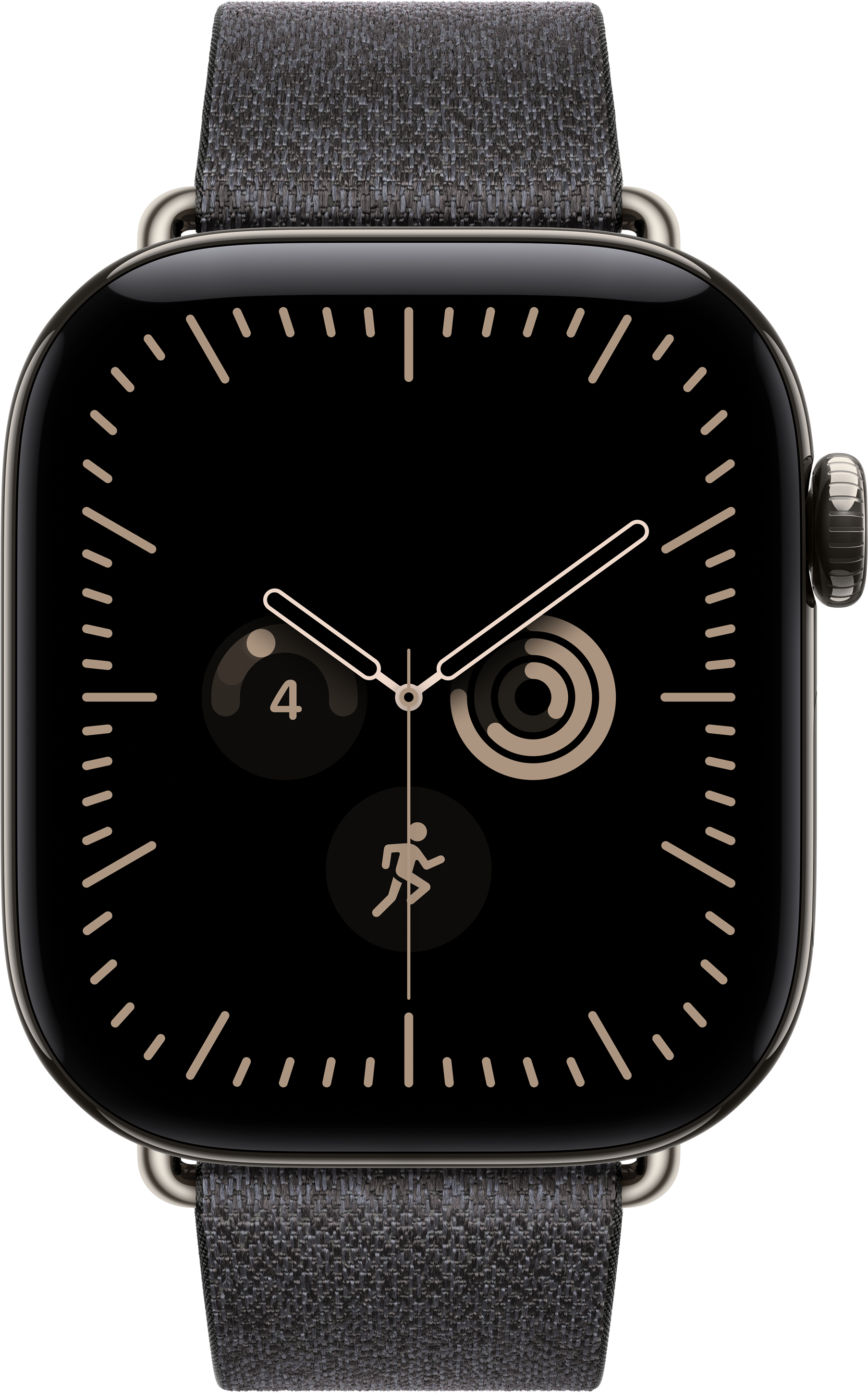Eine elegante Smartwatch mit schwarzem Zifferblatt, goldenen Akzenten und einem grauen Stoffarmband.
