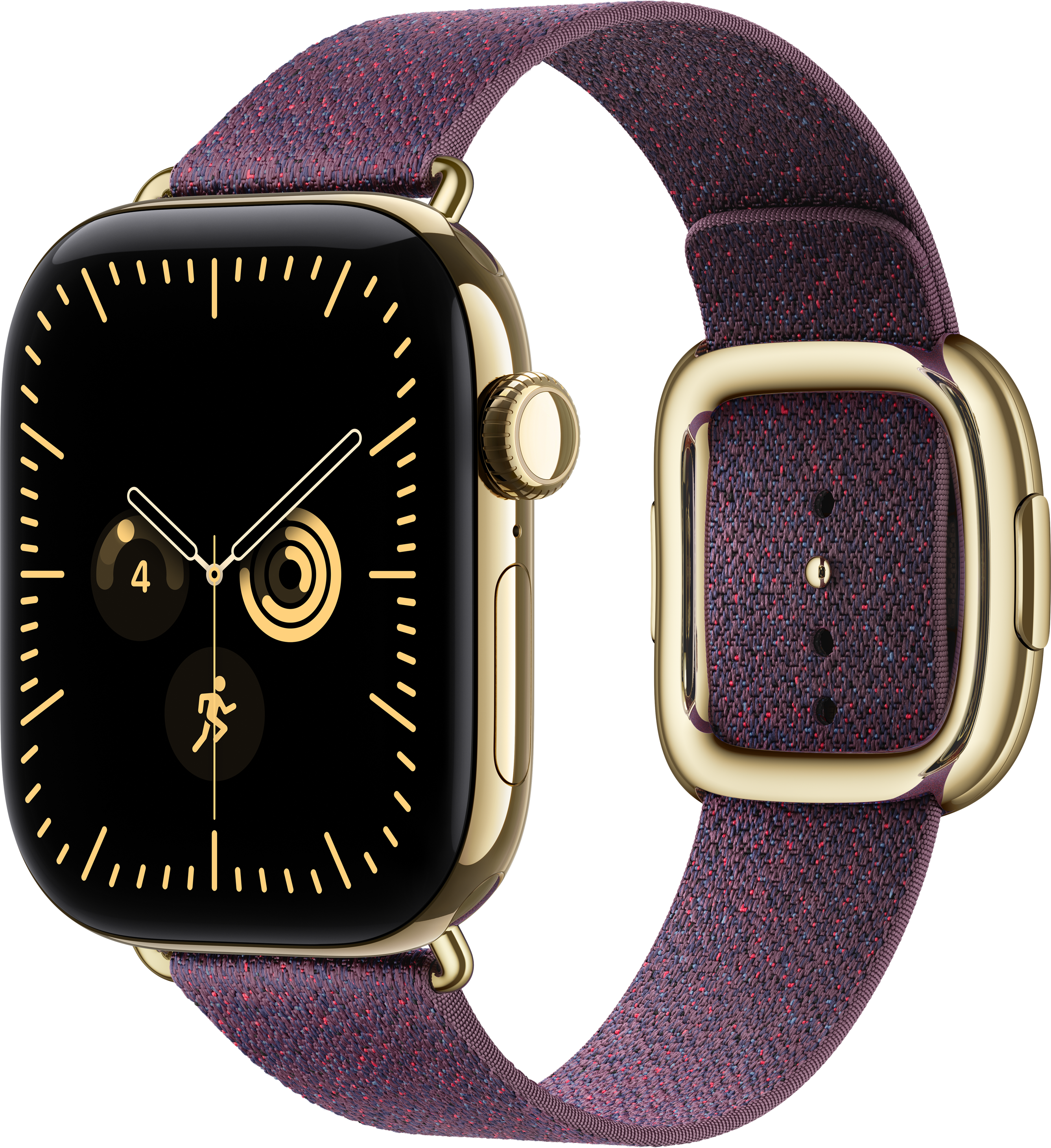 Uno smartwatch dorato con quadrante scuro e cinturino in tessuto viola su sfondo nero.