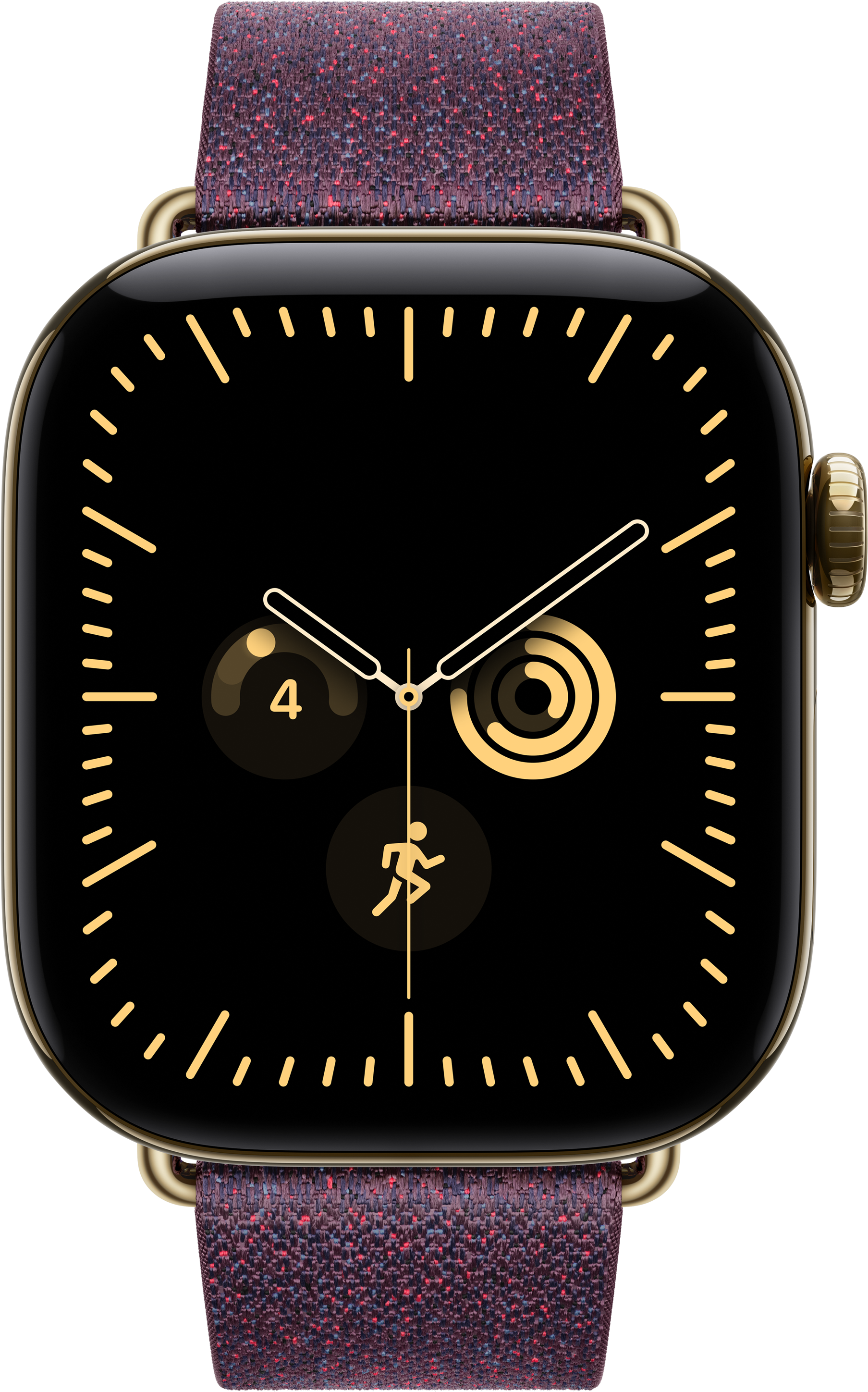 Uno smartwatch con cassa dorata, quadrante nero con indicatori gialli, tre complicazioni di attività e cinturino viola.