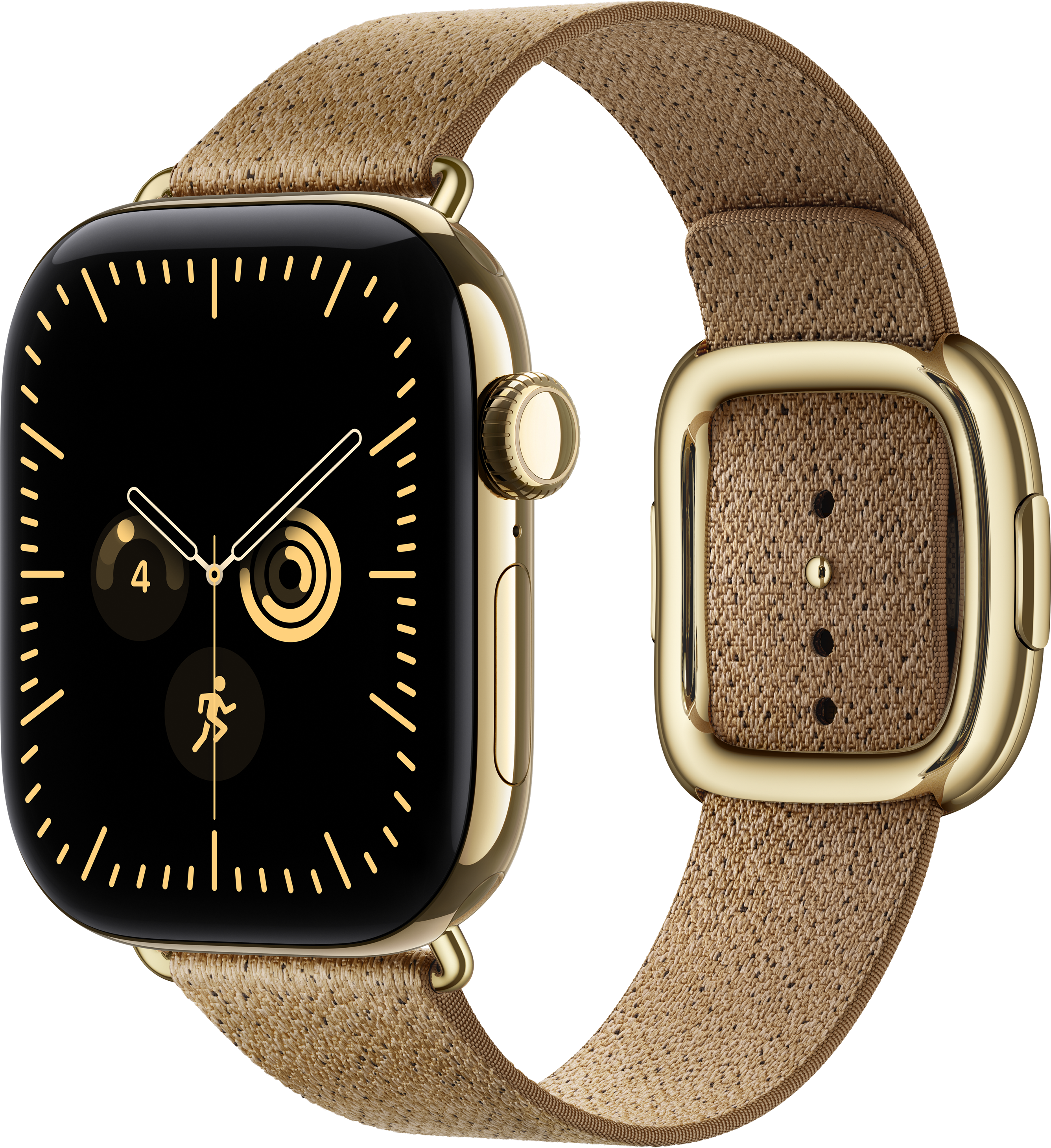 Goldene Smartwatch mit schwarzem Zifferblatt und beigem Textilarmband vor schwarzem Hintergrund.