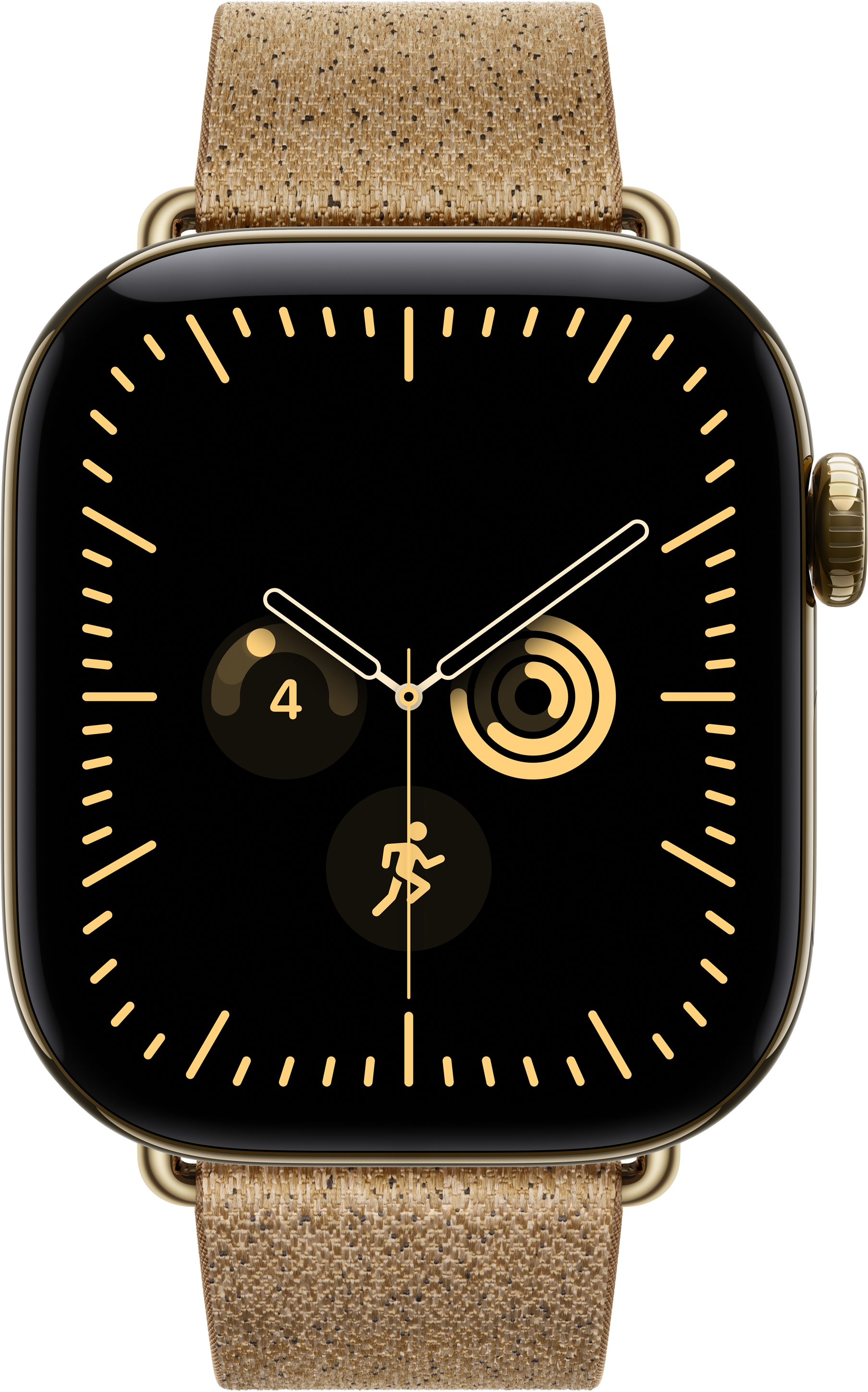 Une montre connectée avec un boîtier doré, un écran noir, des aiguilles dorées et un bracelet en tissu beige sur fond noir.