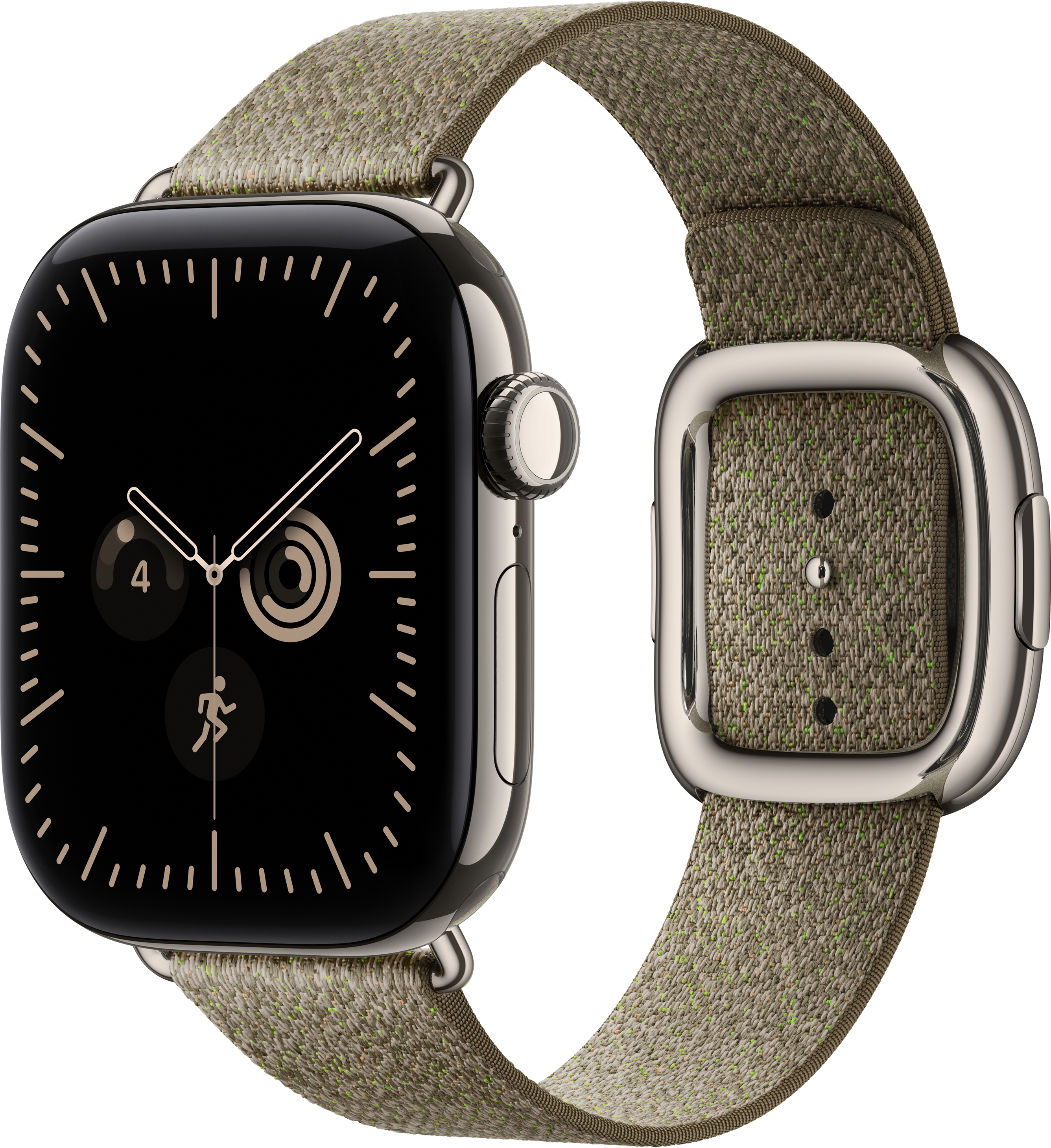 Montre connectée avec cadran numérique noir et bracelet en tissu beige texturé sur fond noir.