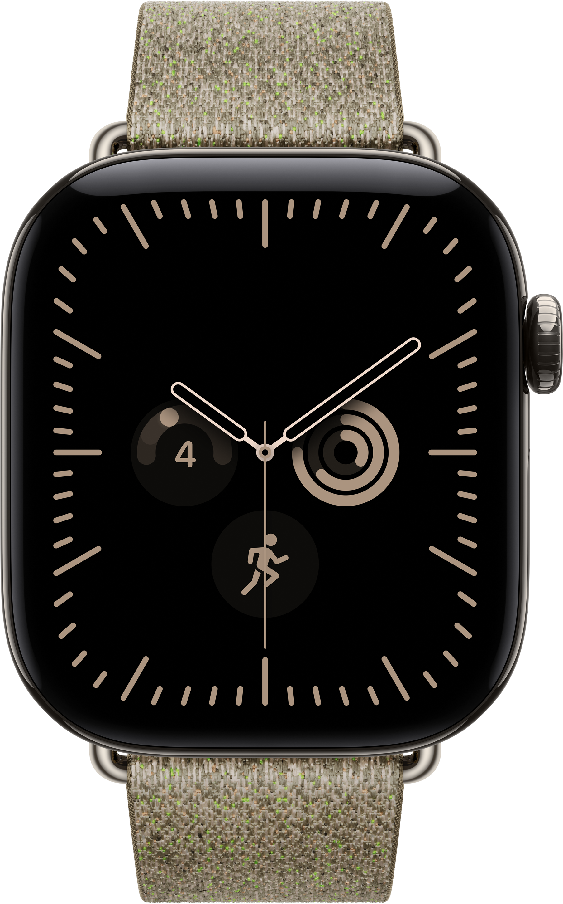 Montre connectée avec cadran noir, aiguilles dorées, anneaux d'activité et bracelet en tissu.