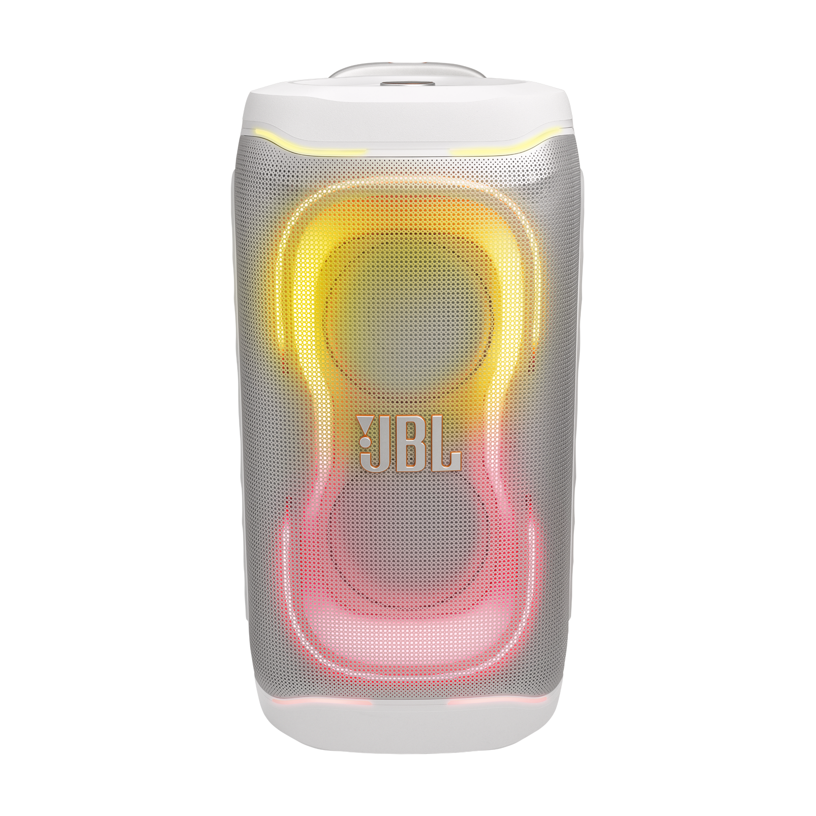 Siyah arka plan önünde, ön tarafında sarı ve kırmızı dairesel LED ışıklar parlayan beyaz bir JBL Bluetooth hoparlör.
