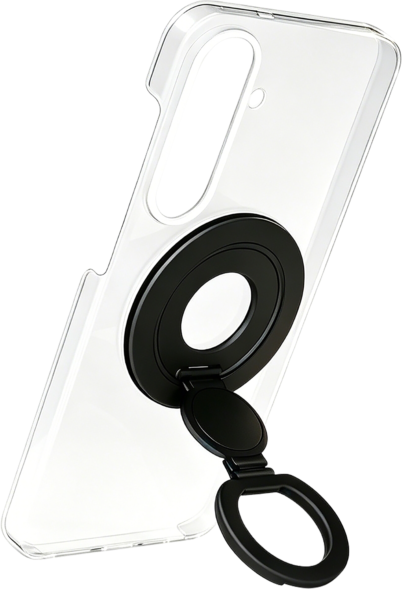 Coque de téléphone transparente avec anneau de support noir sur fond noir.