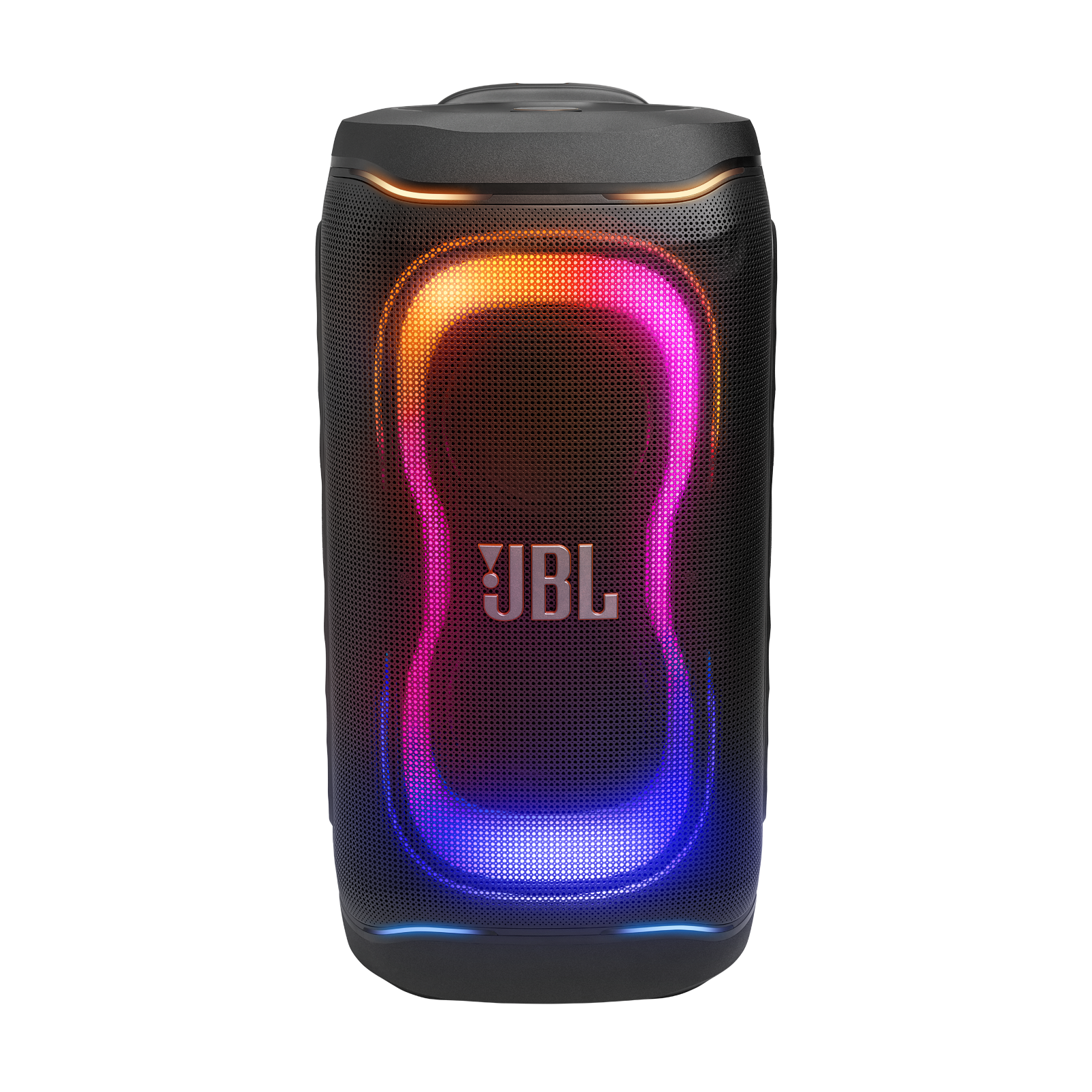 Siyah arka planda canlı turuncu, pembe ve mavi LED ışık halkasına sahip siyah kablosuz JBL hoparlör.