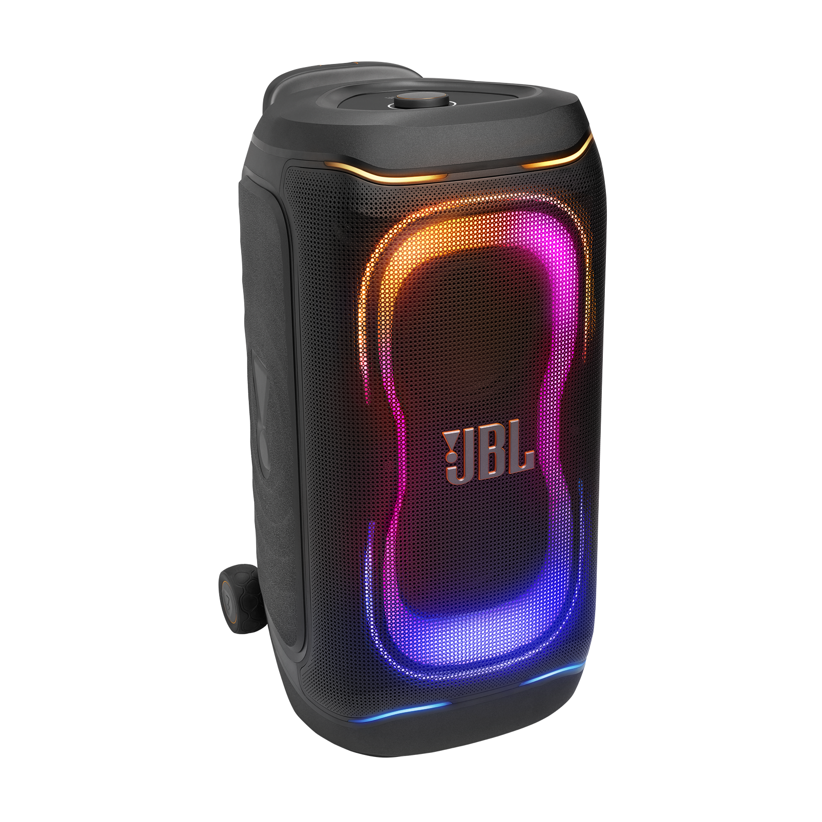 Önünde renkli LED Işıklar, turuncu logo ve tekerlekler bulunan siyah JBL parti hoparlörü, siyah arka plan üzerinde.
