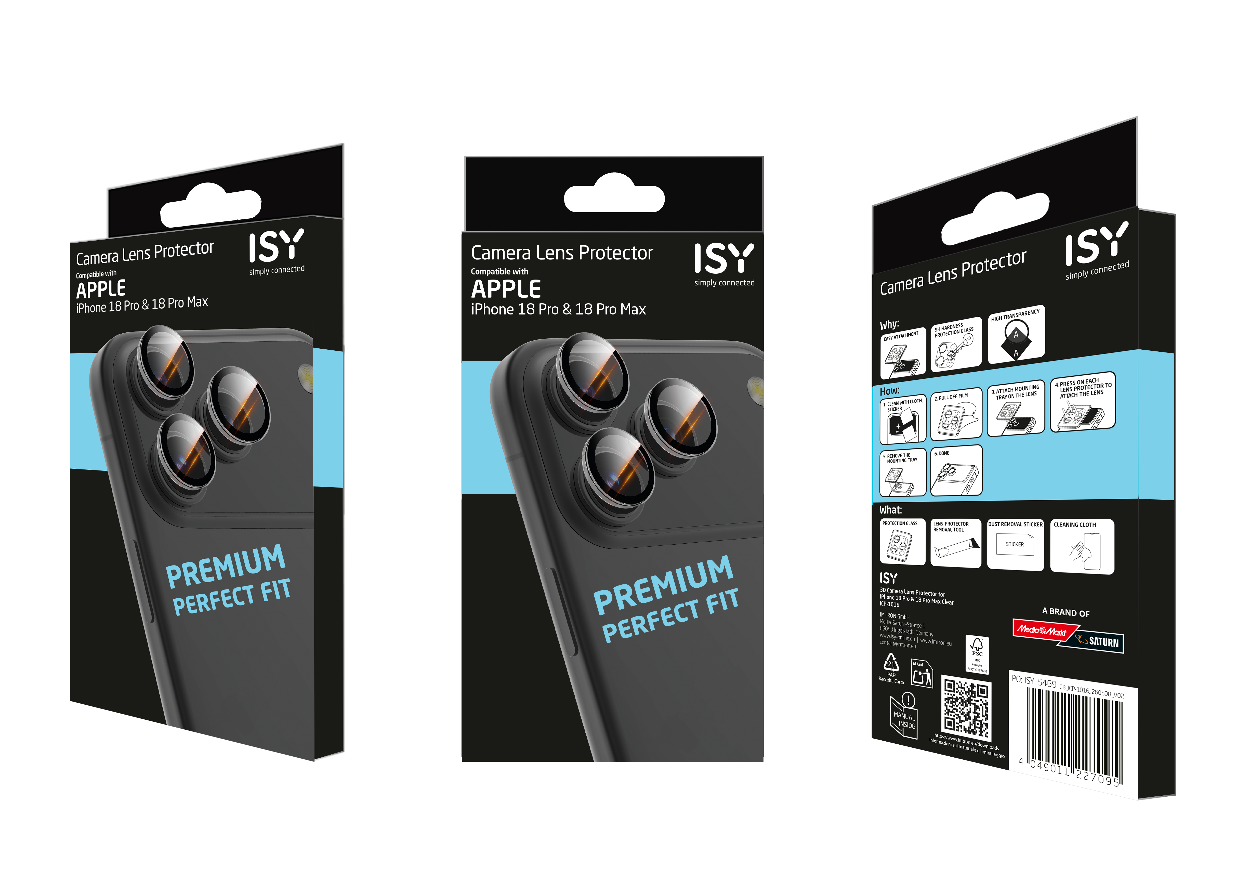 Verpackung für ISY Kamera-Linsenschutz, Vorder-, Seiten- und Rückansicht mit Anleitung.