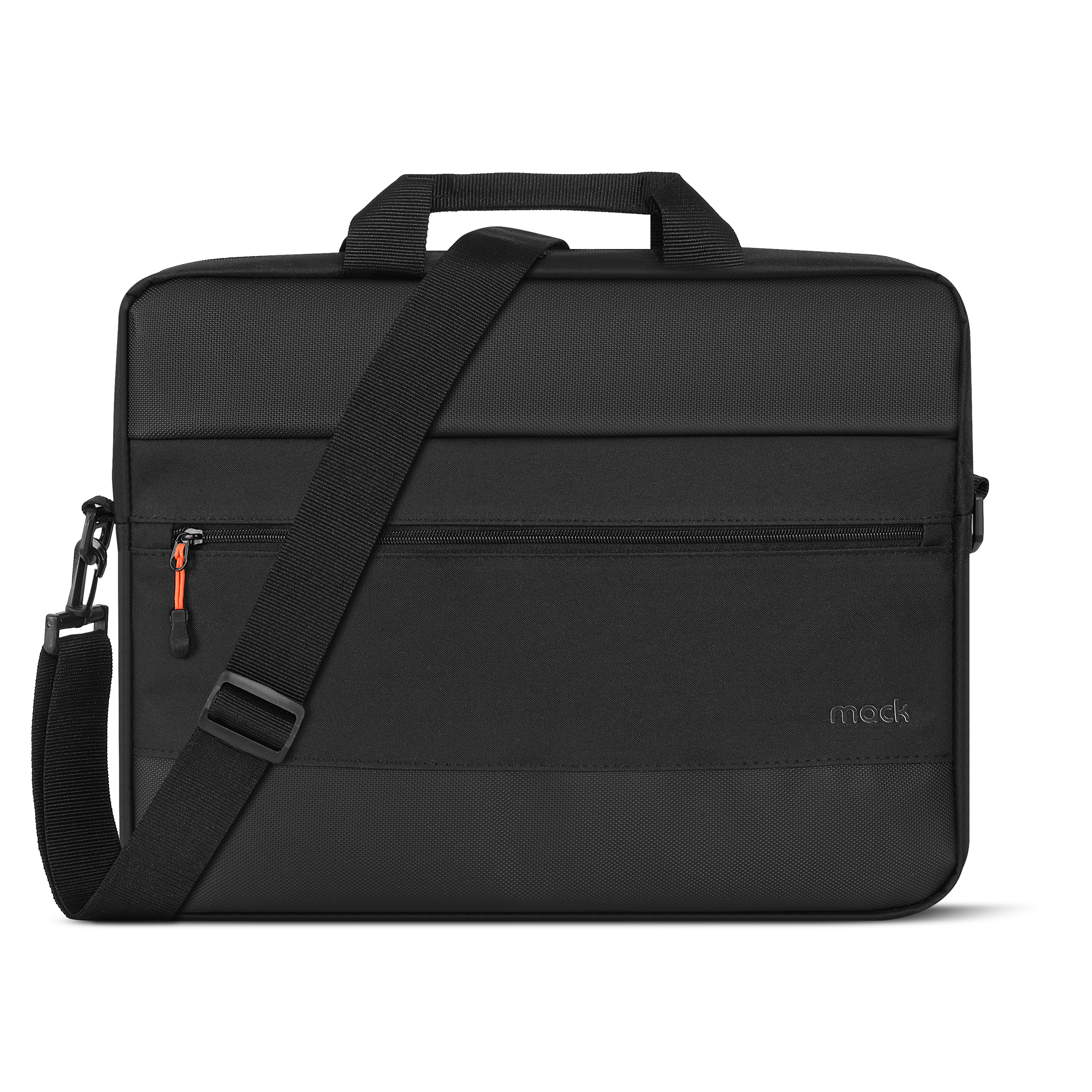 Beyaz arkaplanda taşıma saplı ve ayarlanabilir omuz askılı siyah laptop çantası.