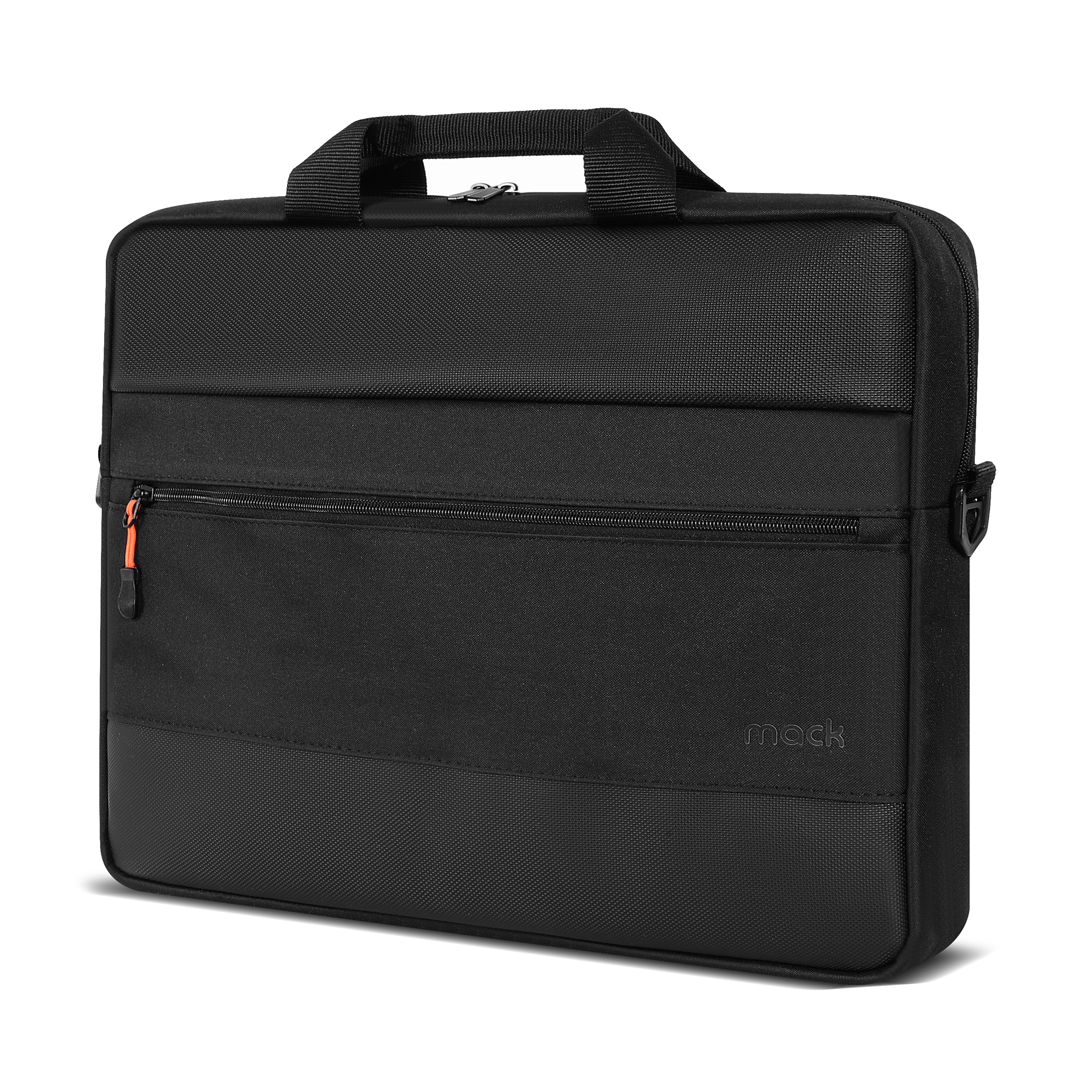 Açık arka plan üzerinde taşıma kolları ve fermuarlı cebi olan siyah laptop çantası.