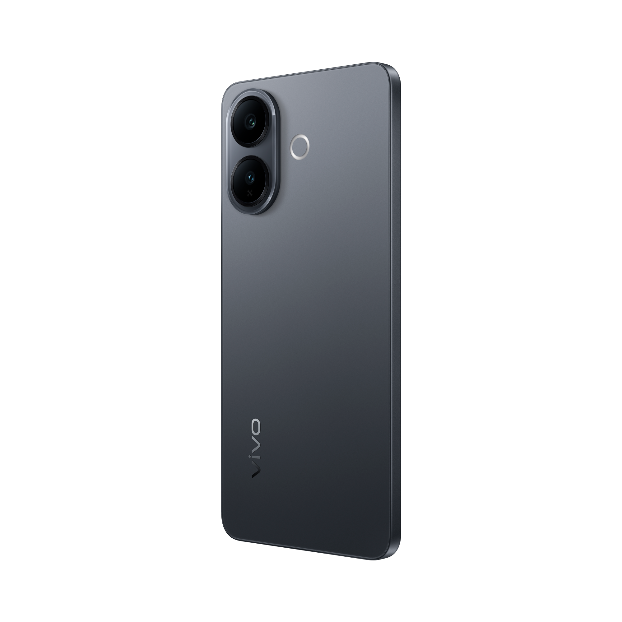 Parte trasera de un smartphone Vivo gris con dos cámaras verticales y el logo de Vivo sobre fondo negro.