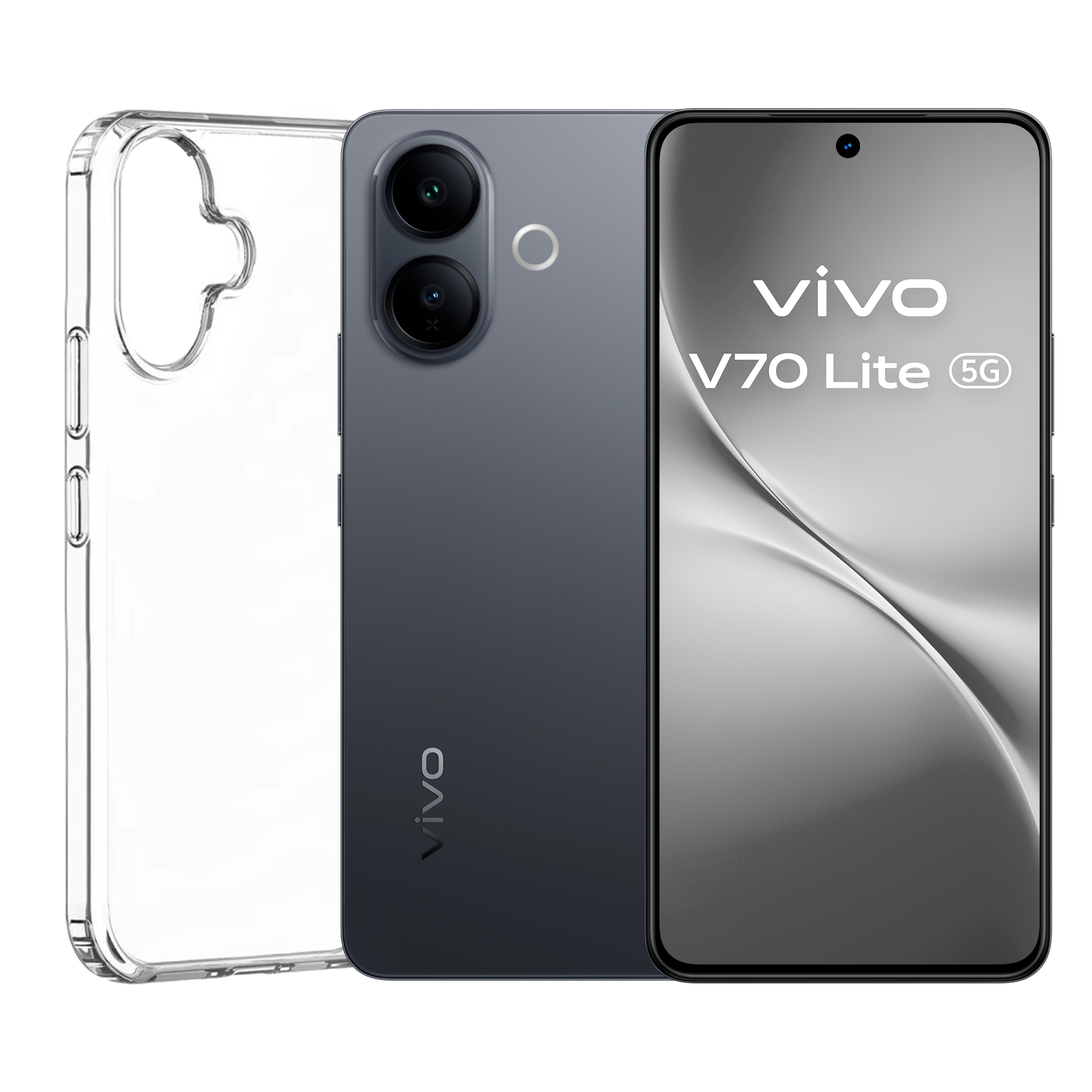 Un smartphone gris Vivo V70 Lite 5G, mostrado con vista frontal, trasera y una funda protectora transparente.