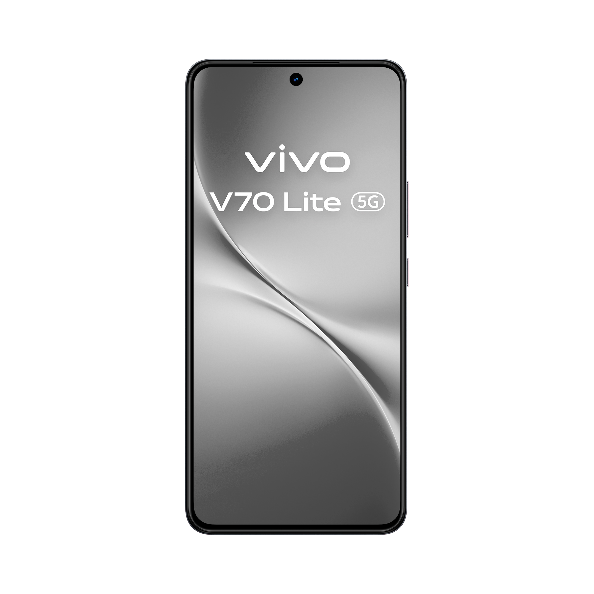 Un smartphone negro Vivo V70 Lite 5G con fondo de pantalla gris plateado sobre fondo negro.
