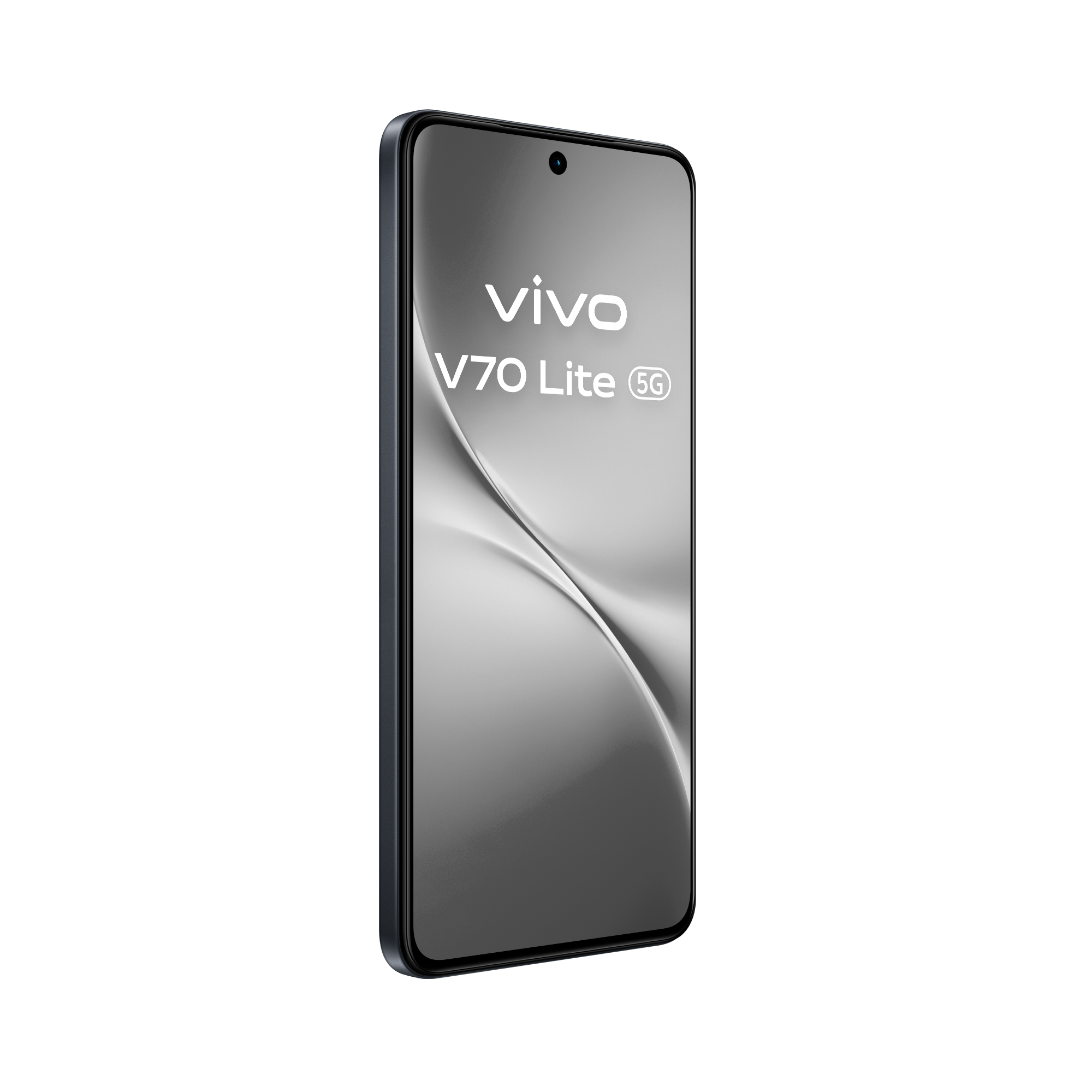 Un smartphone negro Vivo V70 Lite 5G sobre fondo oscuro con pantalla plateada.