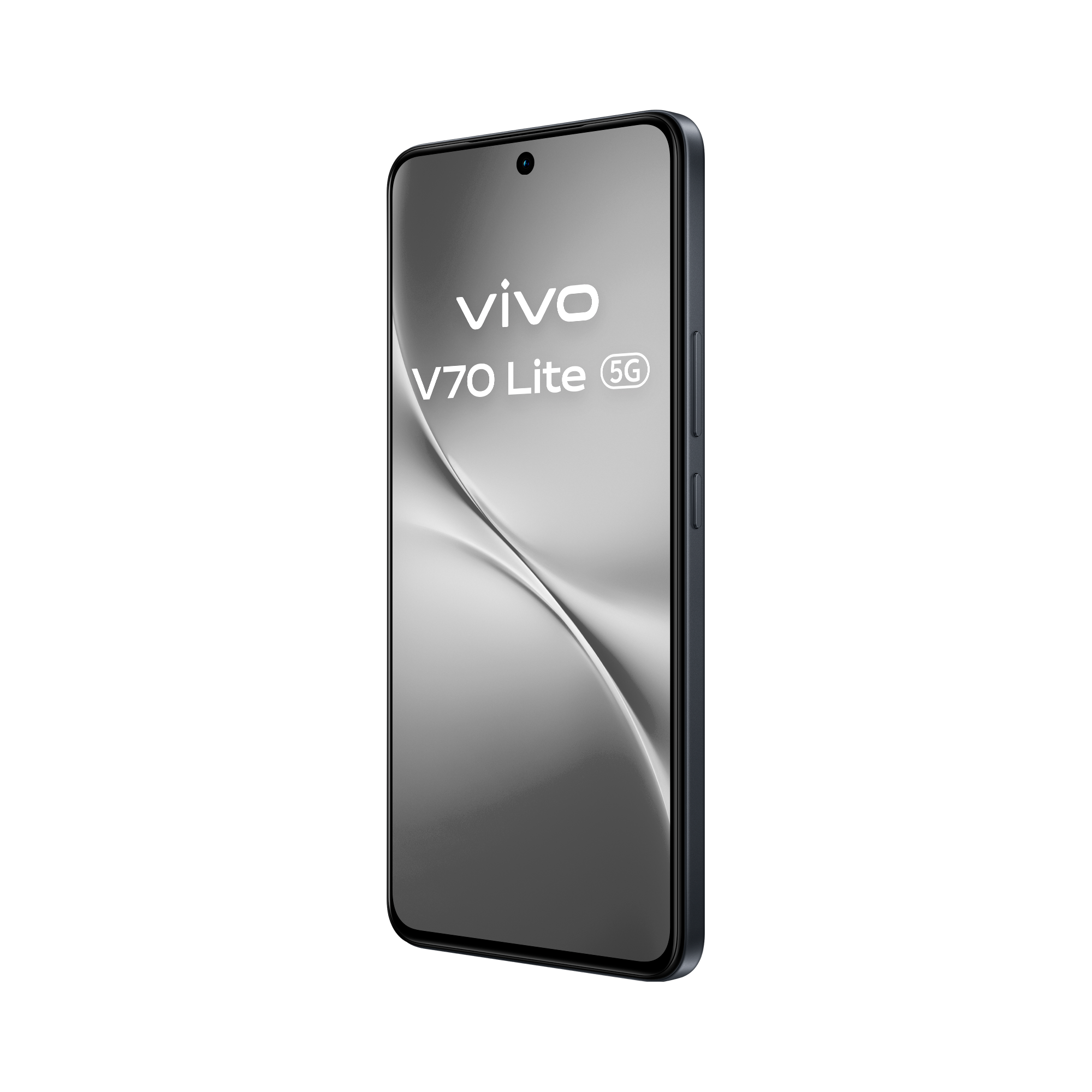Un smartphone negro Vivo V70 Lite 5G se encuentra sobre fondo negro con pantalla brillante.