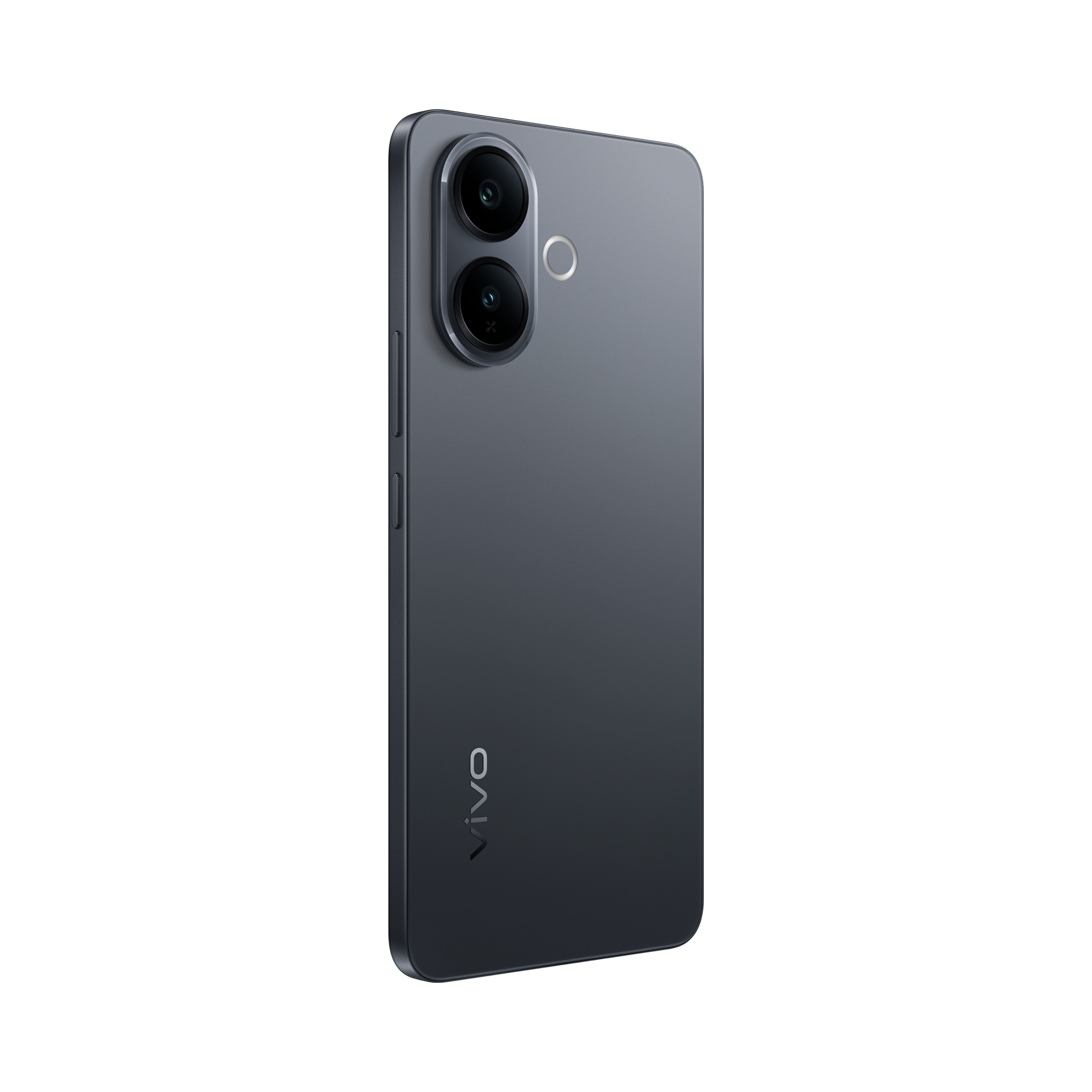 Parte trasera de un smartphone vivo gris con dos cámaras verticales sobre fondo negro.