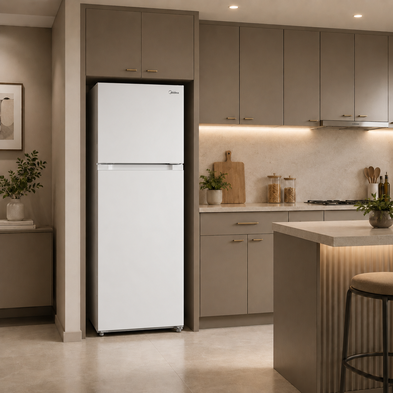 Moderna cocina en tono beige con refrigerador blanco, gabinetes de madera e isla iluminada con taburete.