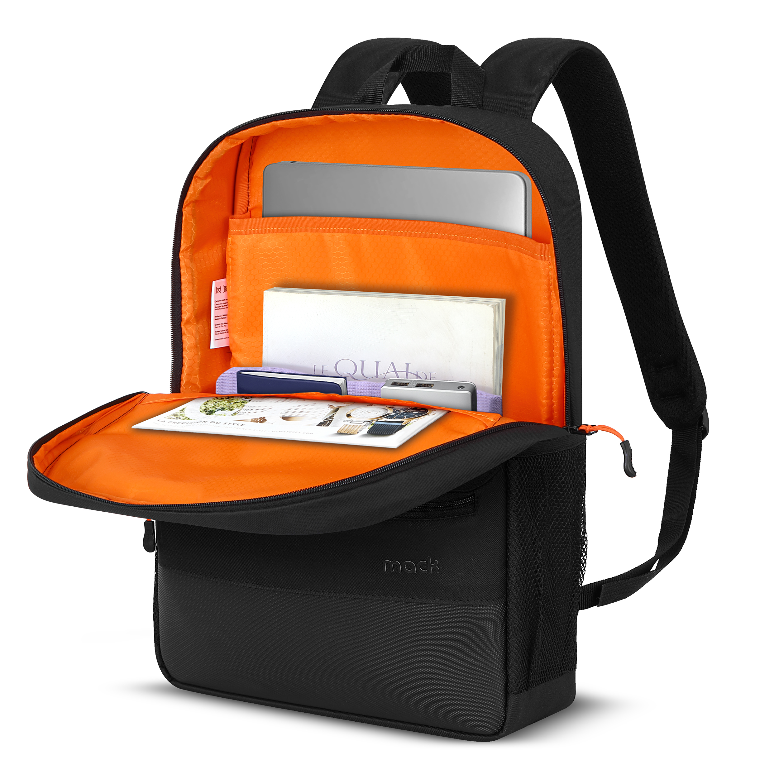 Parlak turuncu iç astarına sahip açık siyah sırt çantasında kitaplar ve bir tablet var.