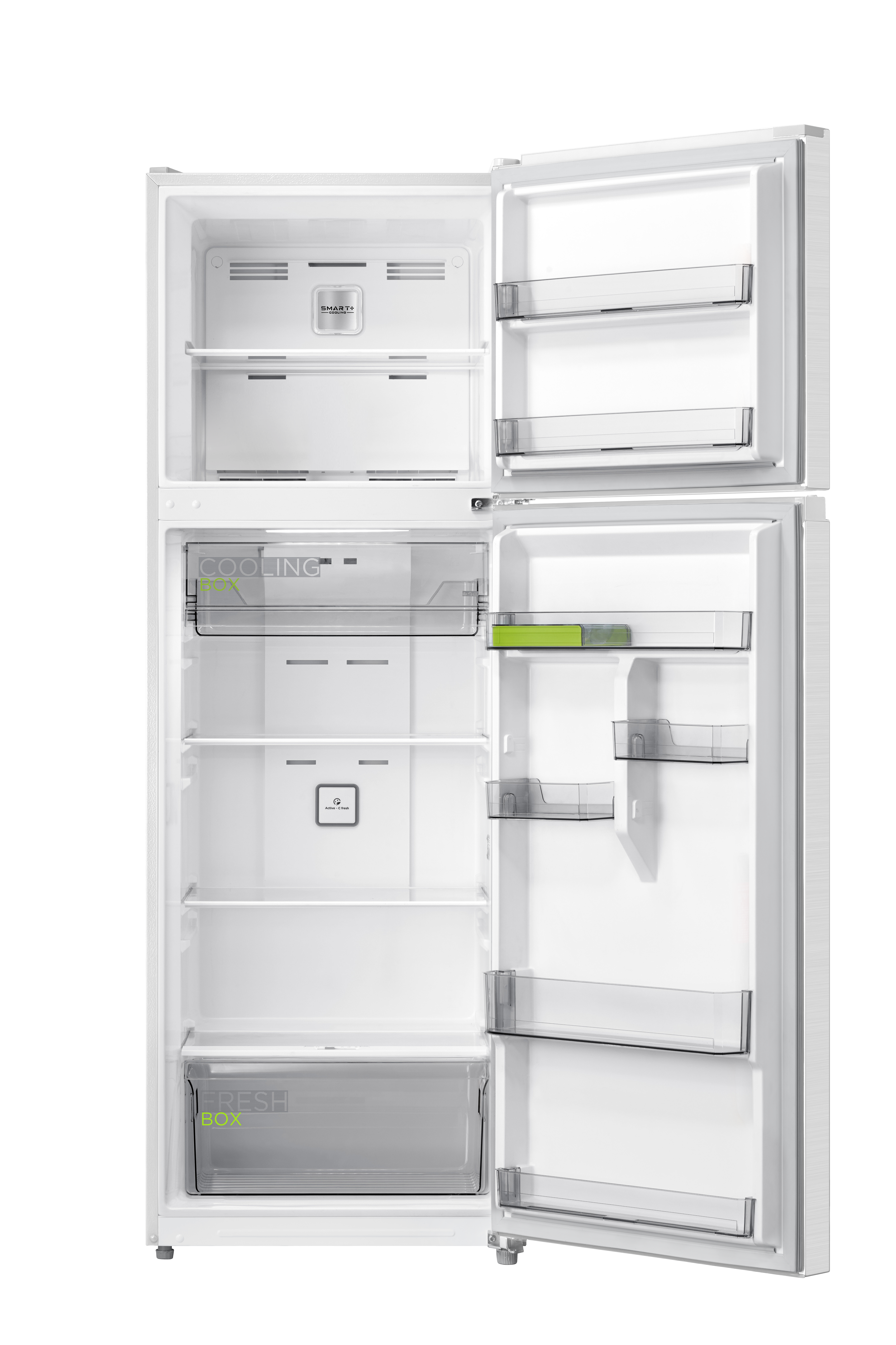Refrigerador blanco abierto con estantes, cajón para verduras y compartimentos en la puerta.