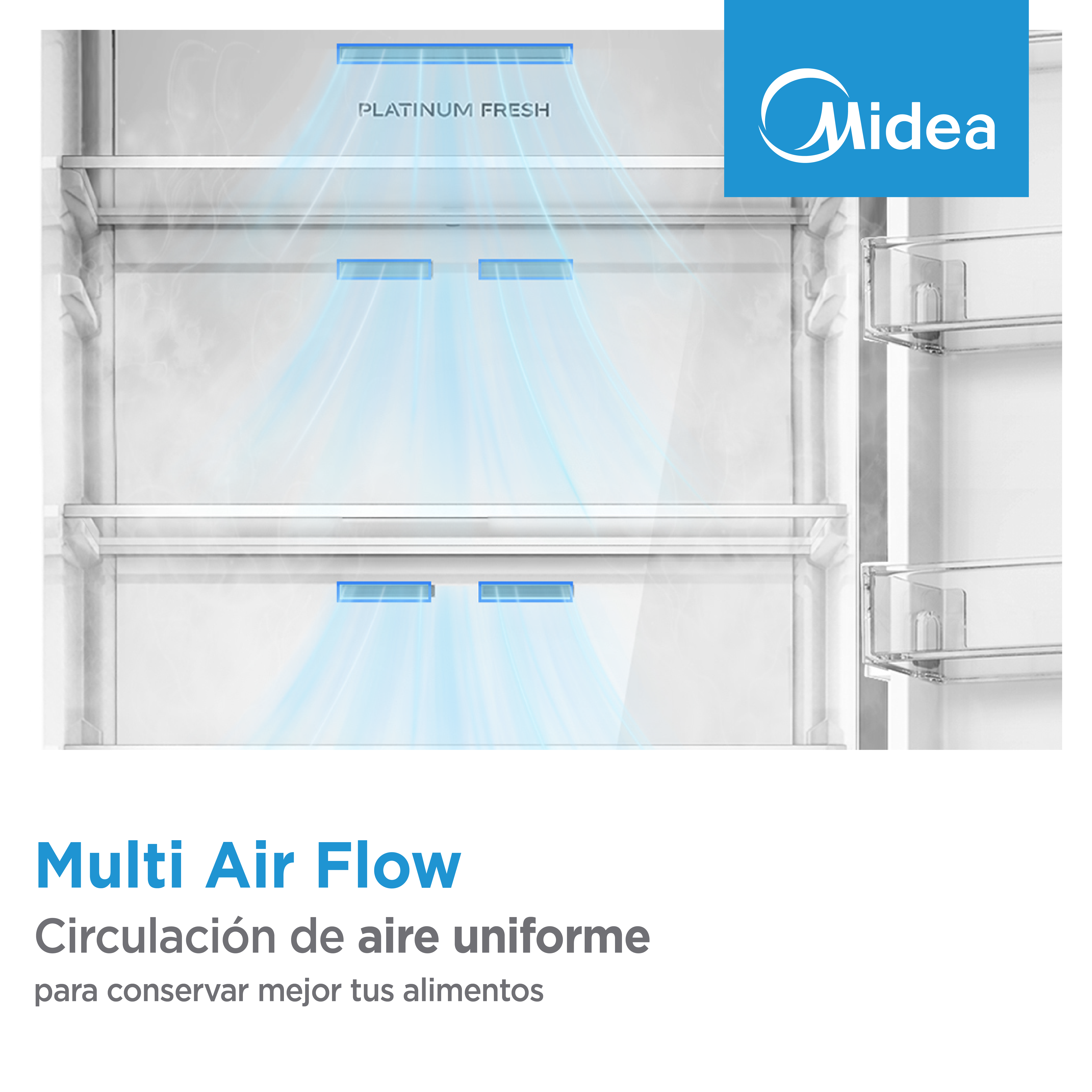 Interior de un refrigerador Midea con Multi Air Flow y Platinum Fresh para una refrigeración uniforme.